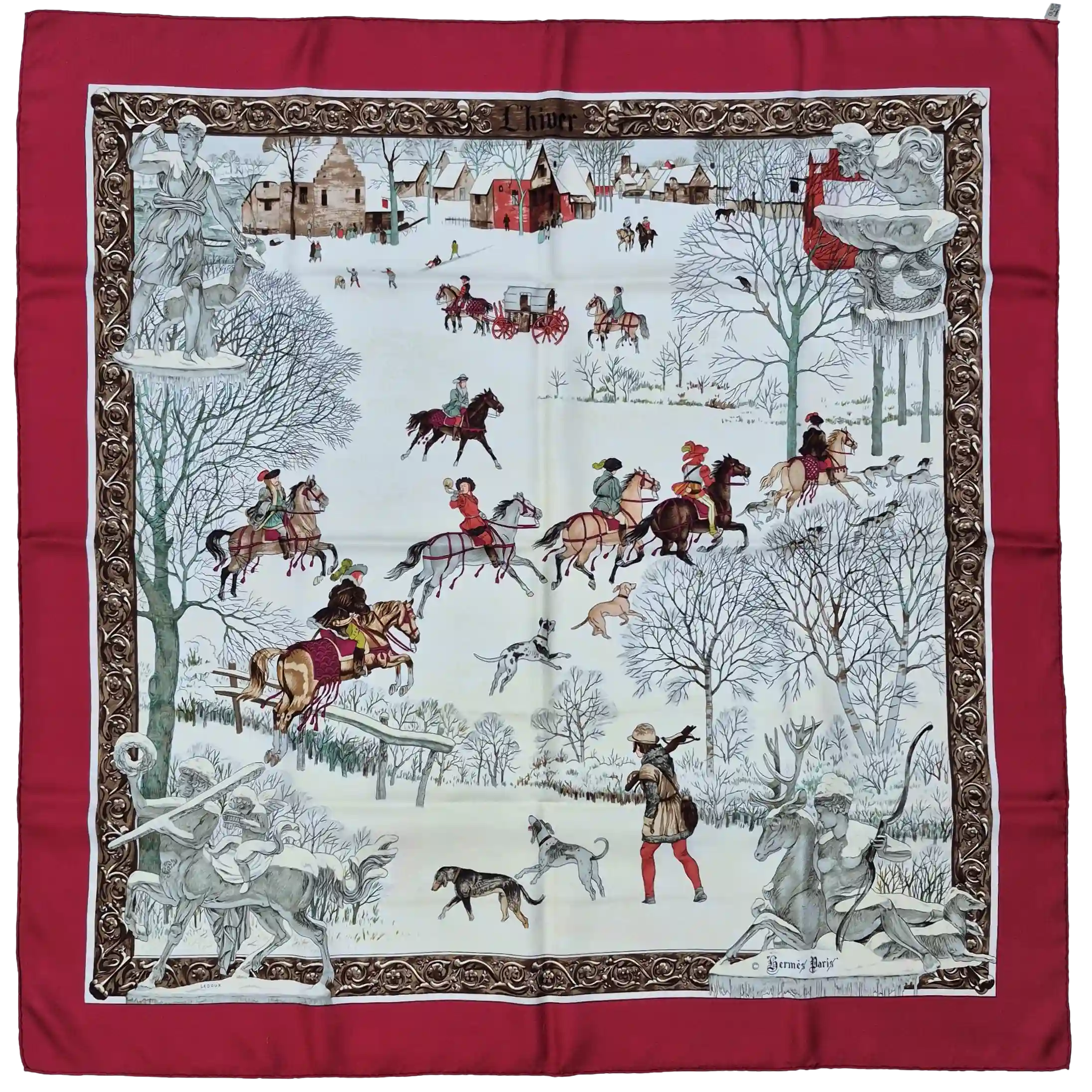 hermes l hiver philippe ledoux silk scarf red white winter hunting scene