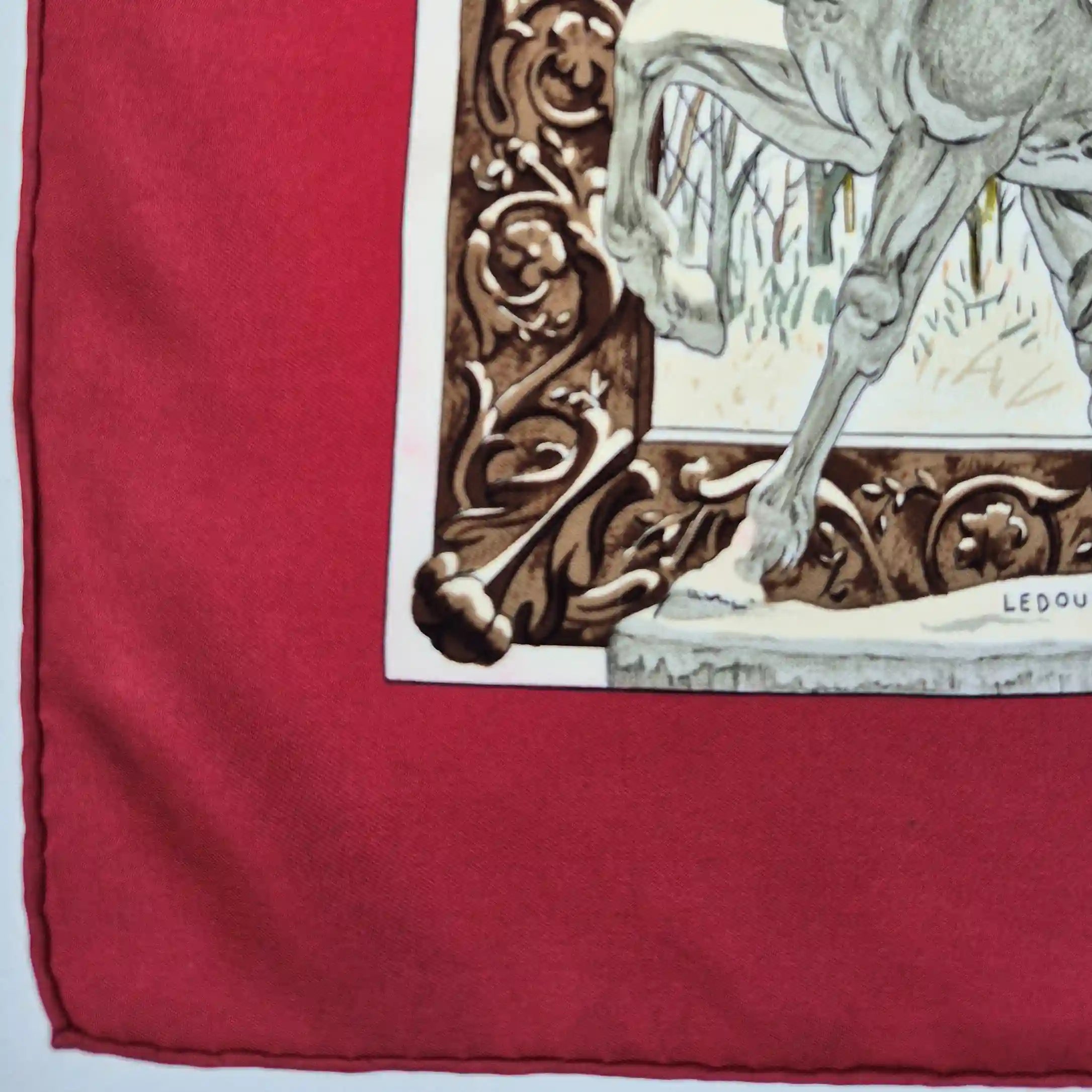 hermes l hiver philippe ledoux silk scarf red white winter hunting scene