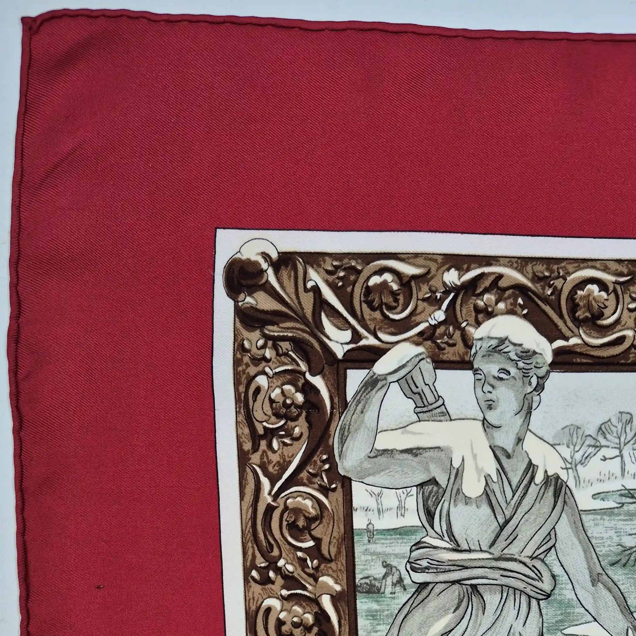 hermes l hiver philippe ledoux silk scarf red white winter hunting scene