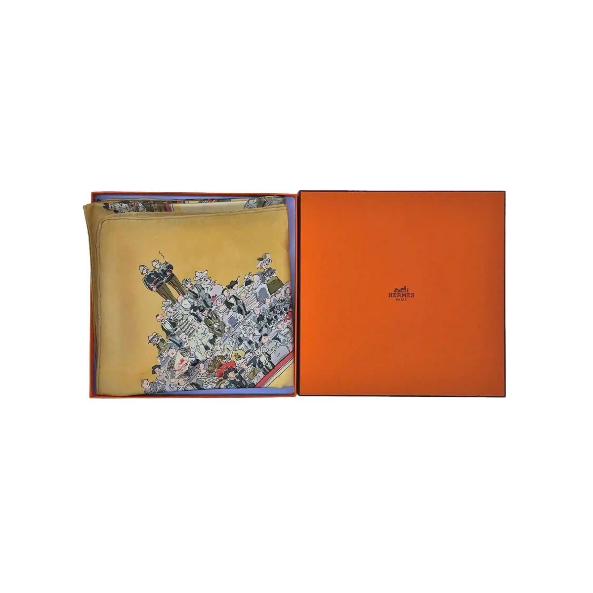 hermes le cirque molier philippe dumas silk scarf yellow ochre circus paris crowd