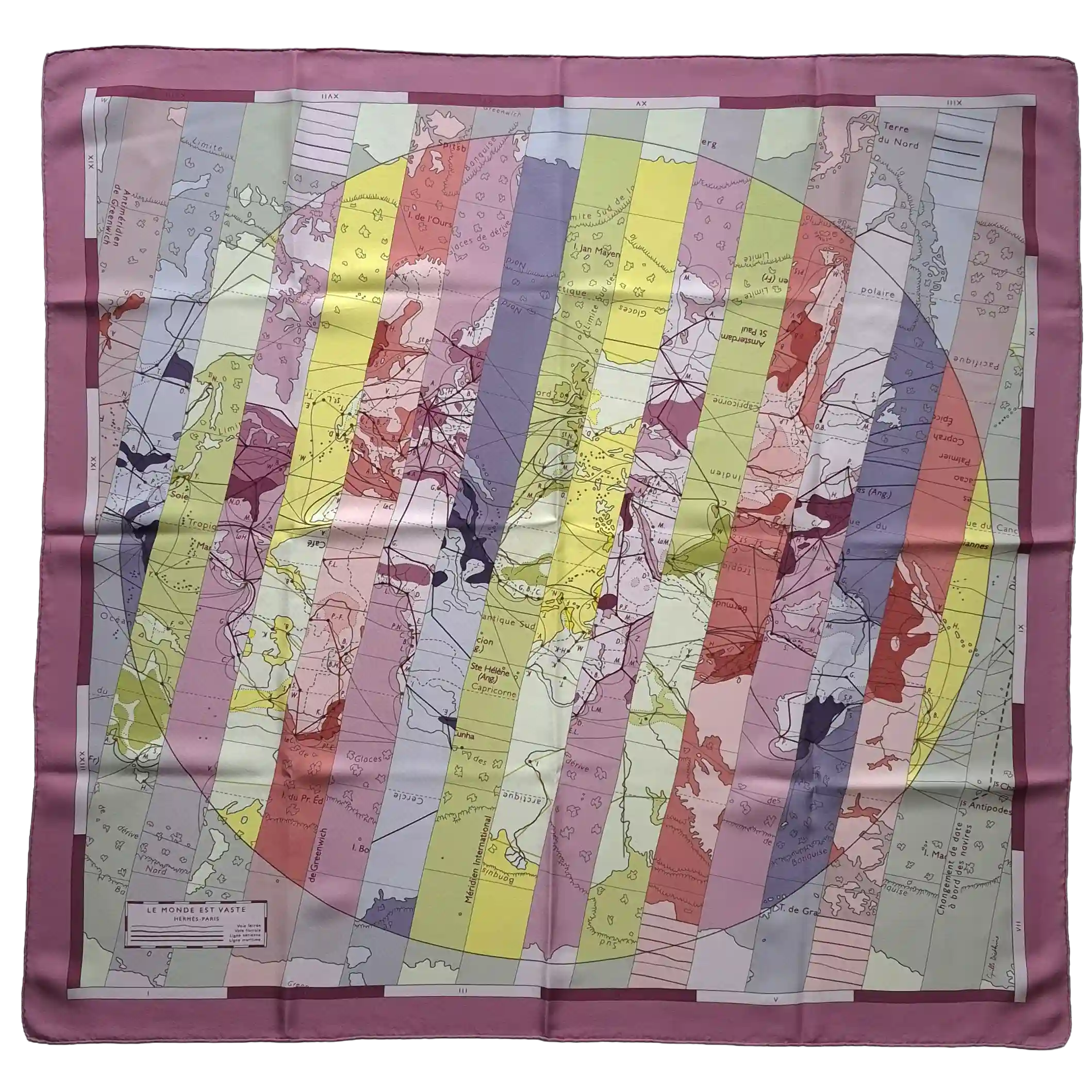 hermes le monde est vaste cyrille diatkine silk scarf pink world map stripes