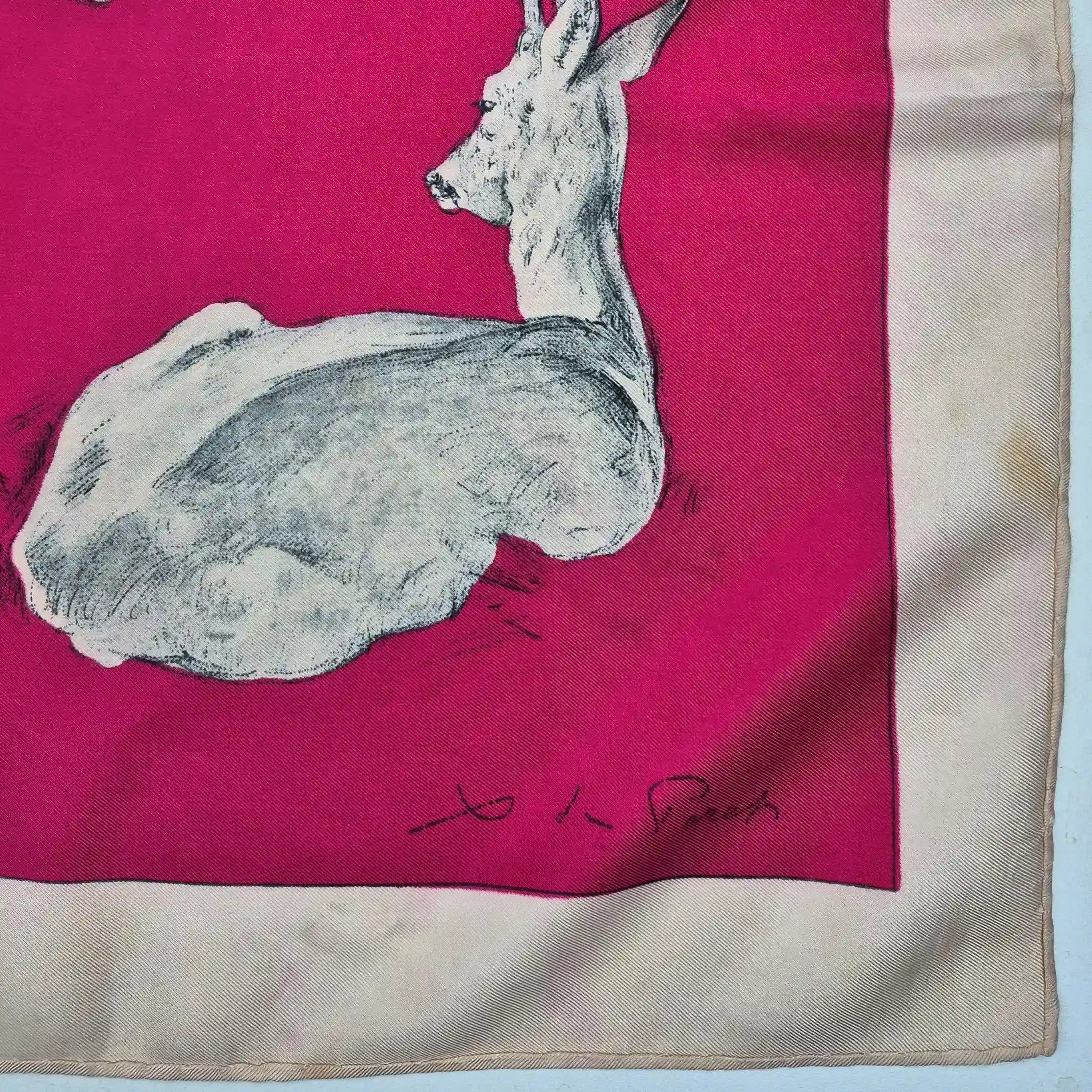 hermes les biches xavier de poret silk scarf fuchsia ivory deer naturalist 1957