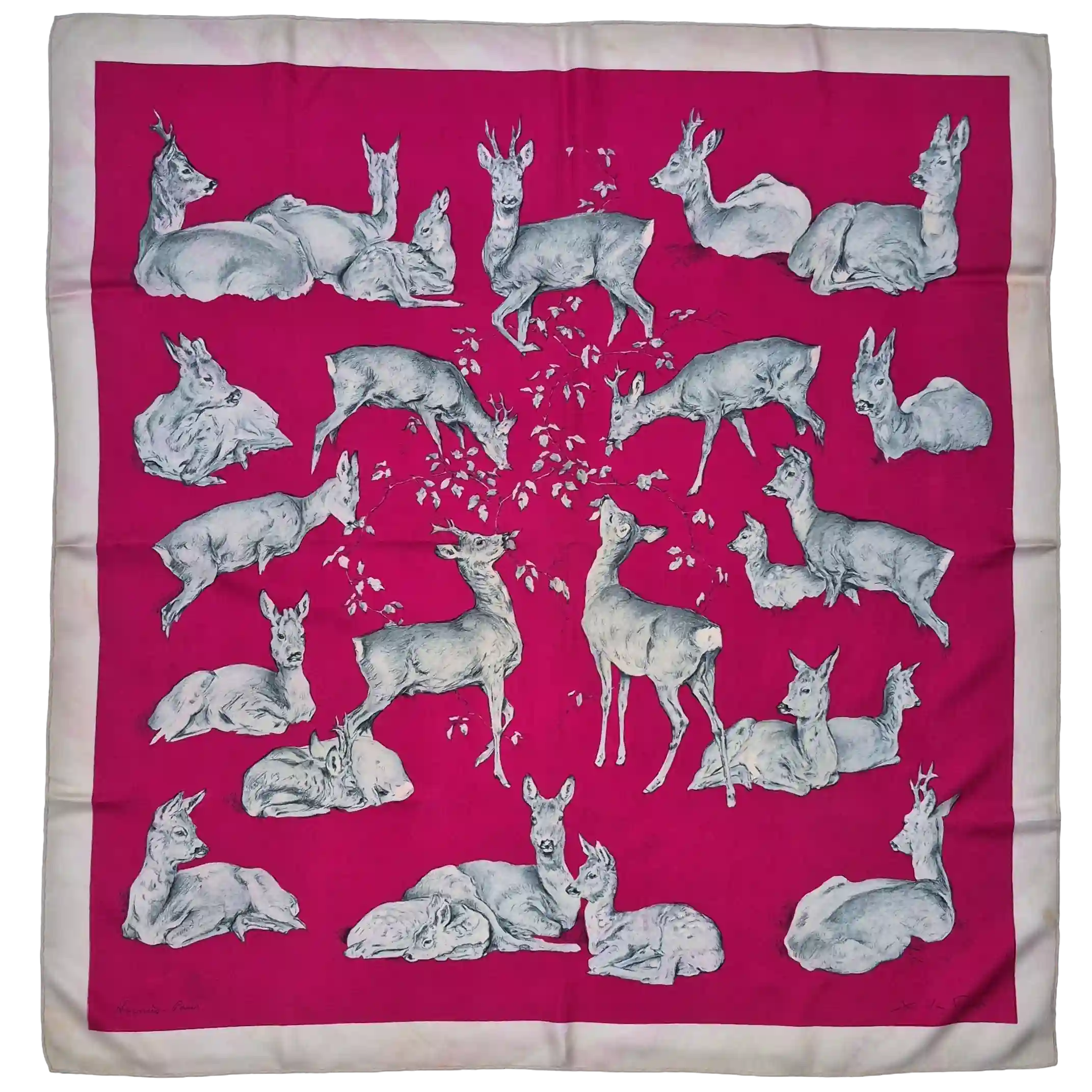 hermes les biches xavier de poret silk scarf fuchsia ivory deer naturalist 1957