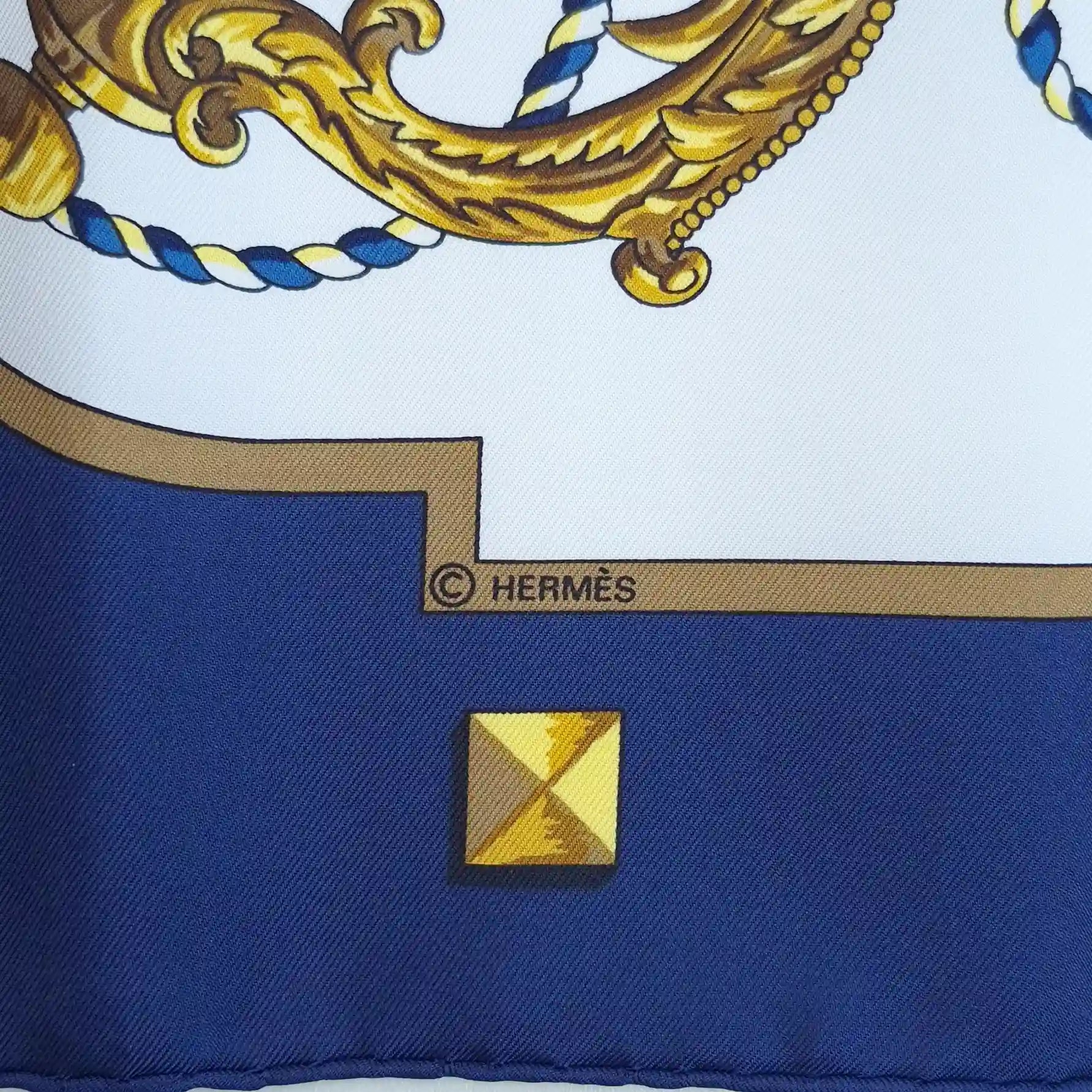 hermes les cles caty latham 1963 silk scarf navy blue gold antique keys detail