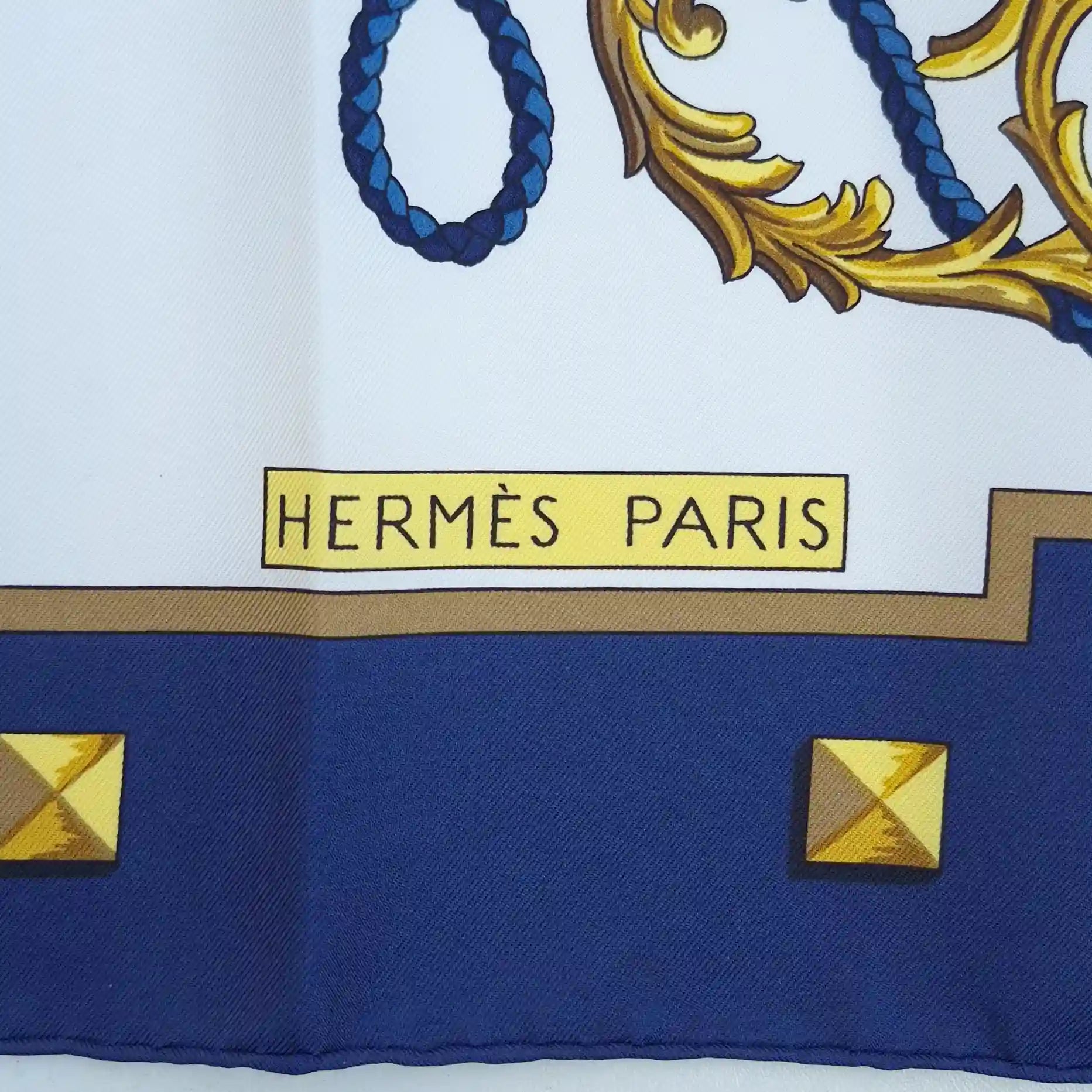 hermes les cles caty latham 1963 silk scarf navy blue gold antique keys detail