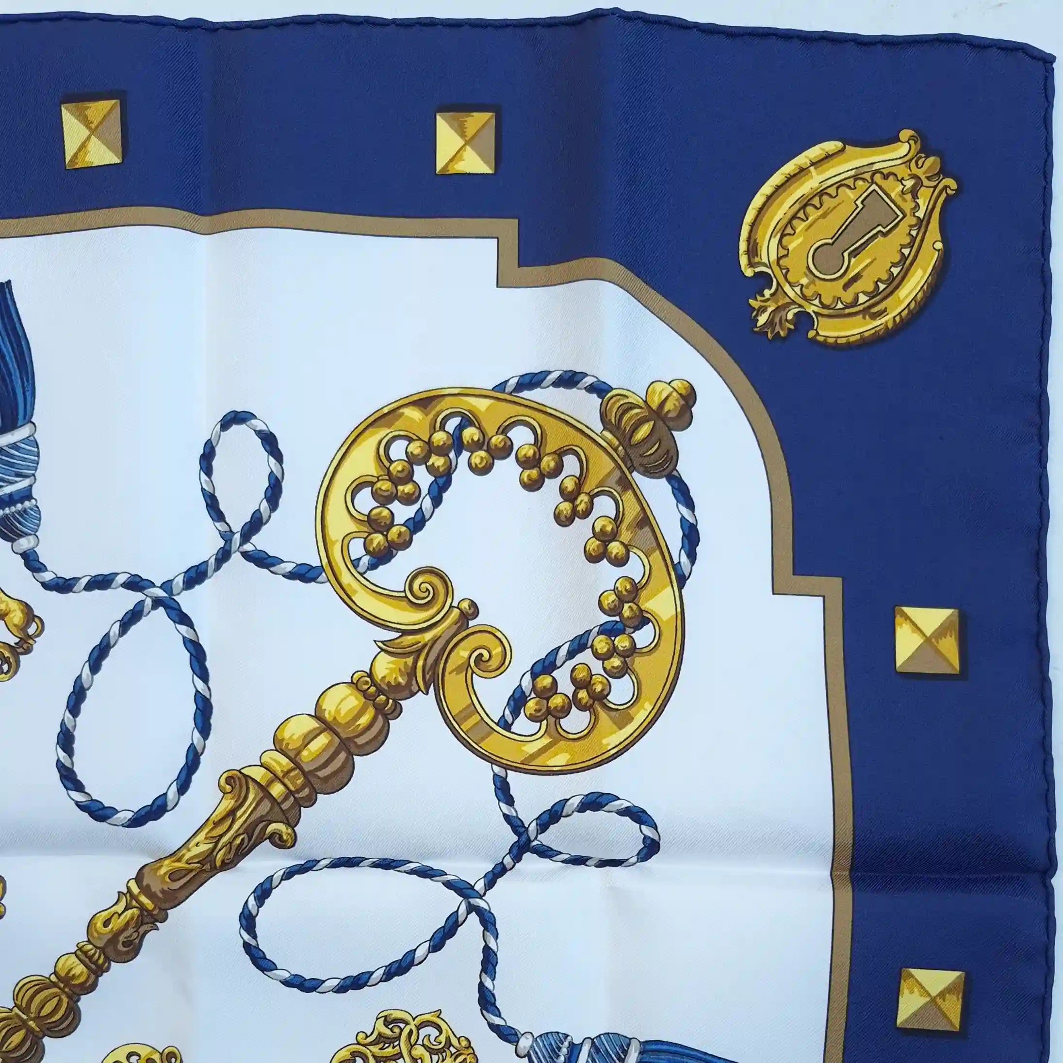 hermes les cles caty latham 1963 silk scarf navy blue gold antique keys detail