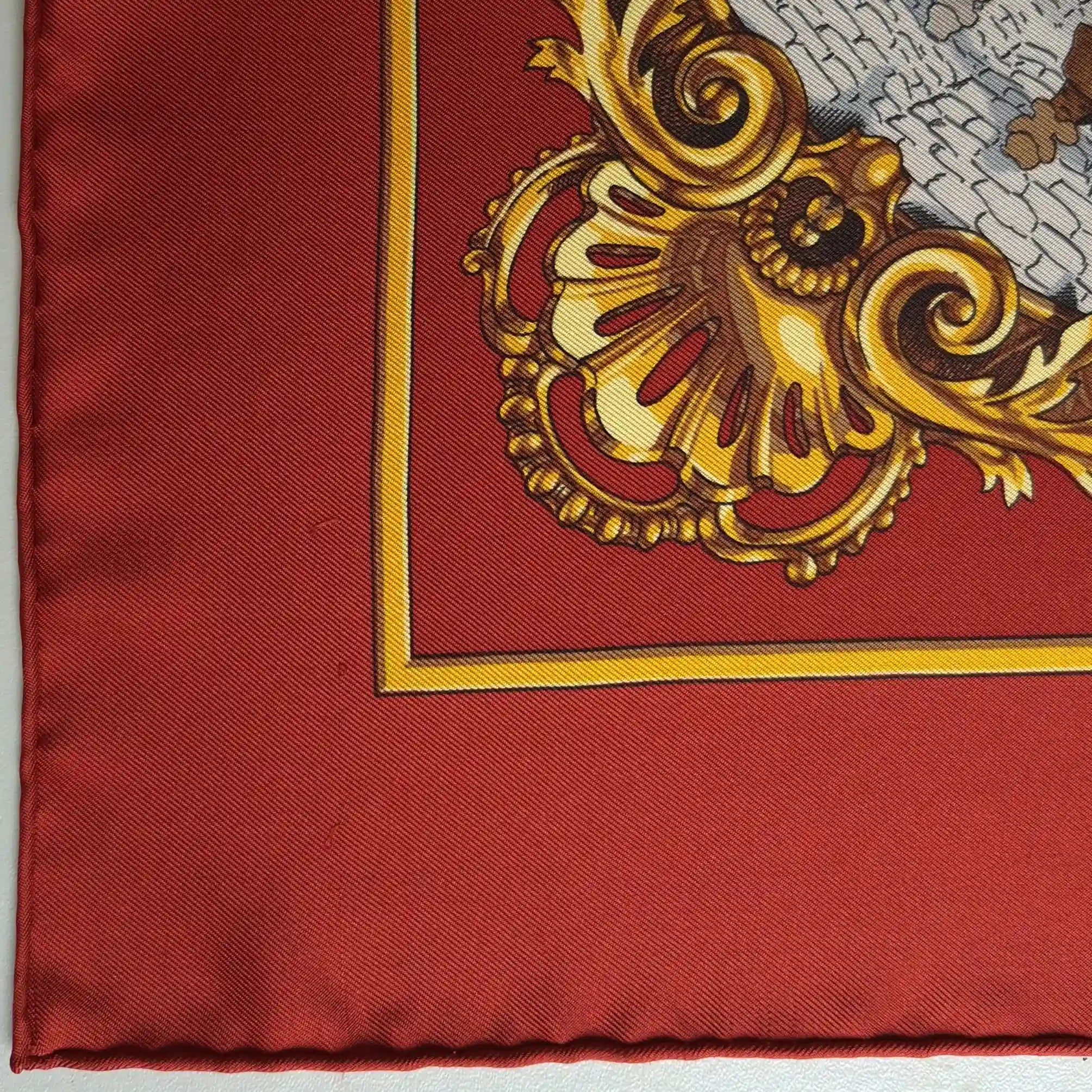 Hermès scarf Les Trois Mousquetaires red silk 90cm Rybaltchenko detail