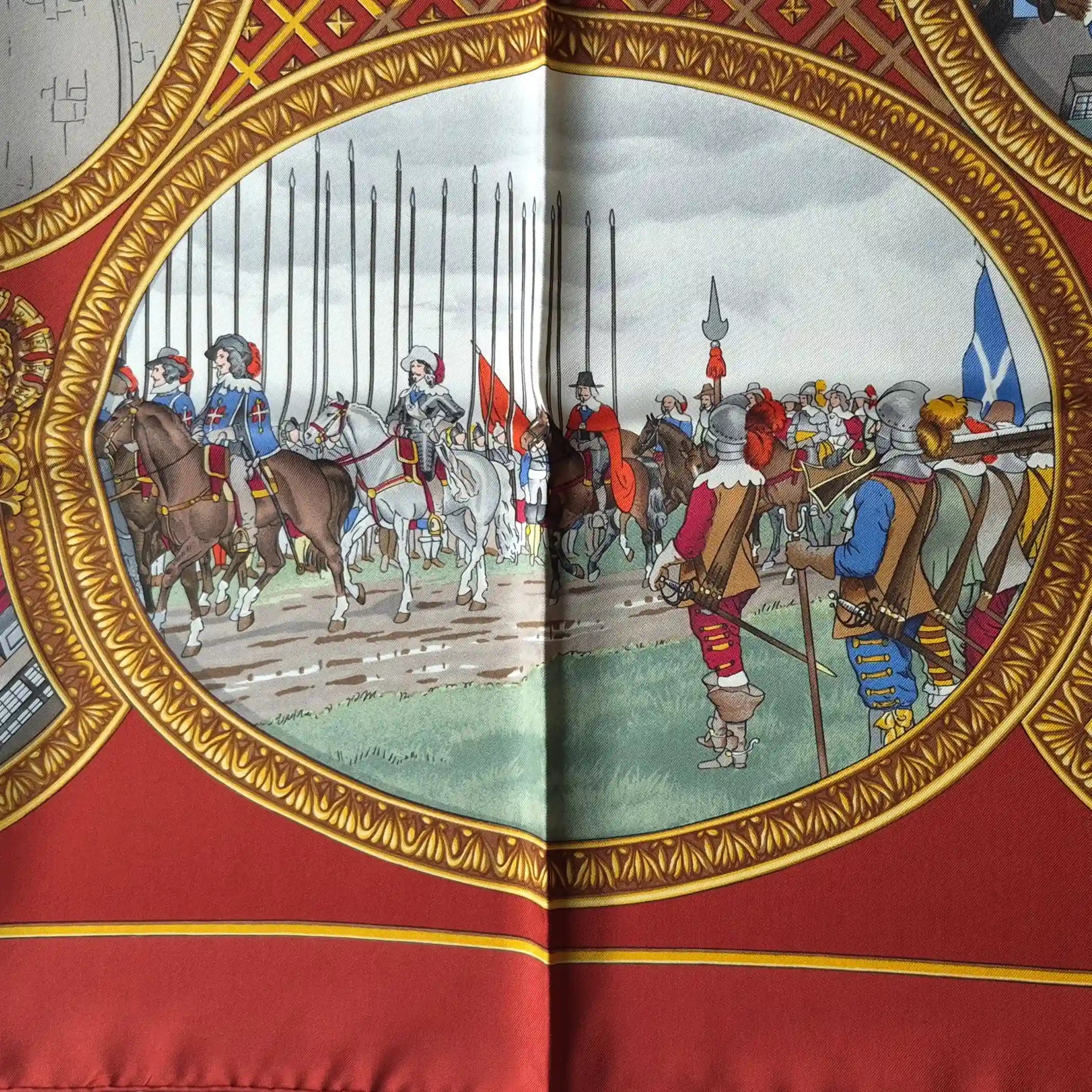 Hermès scarf Les Trois Mousquetaires red silk 90cm Rybaltchenko detail