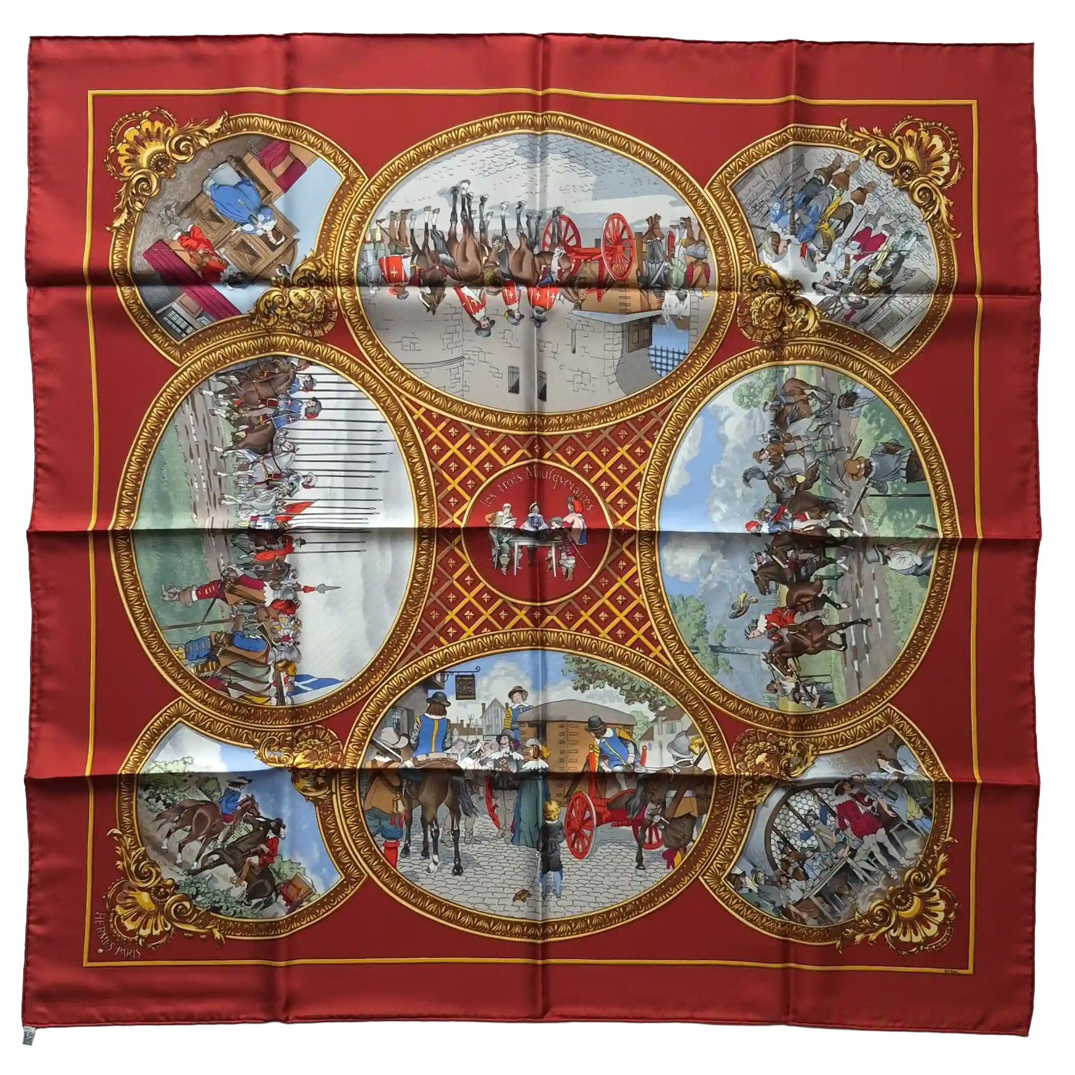 Hermès scarf Les Trois Mousquetaires red silk 90cm Rybaltchenko