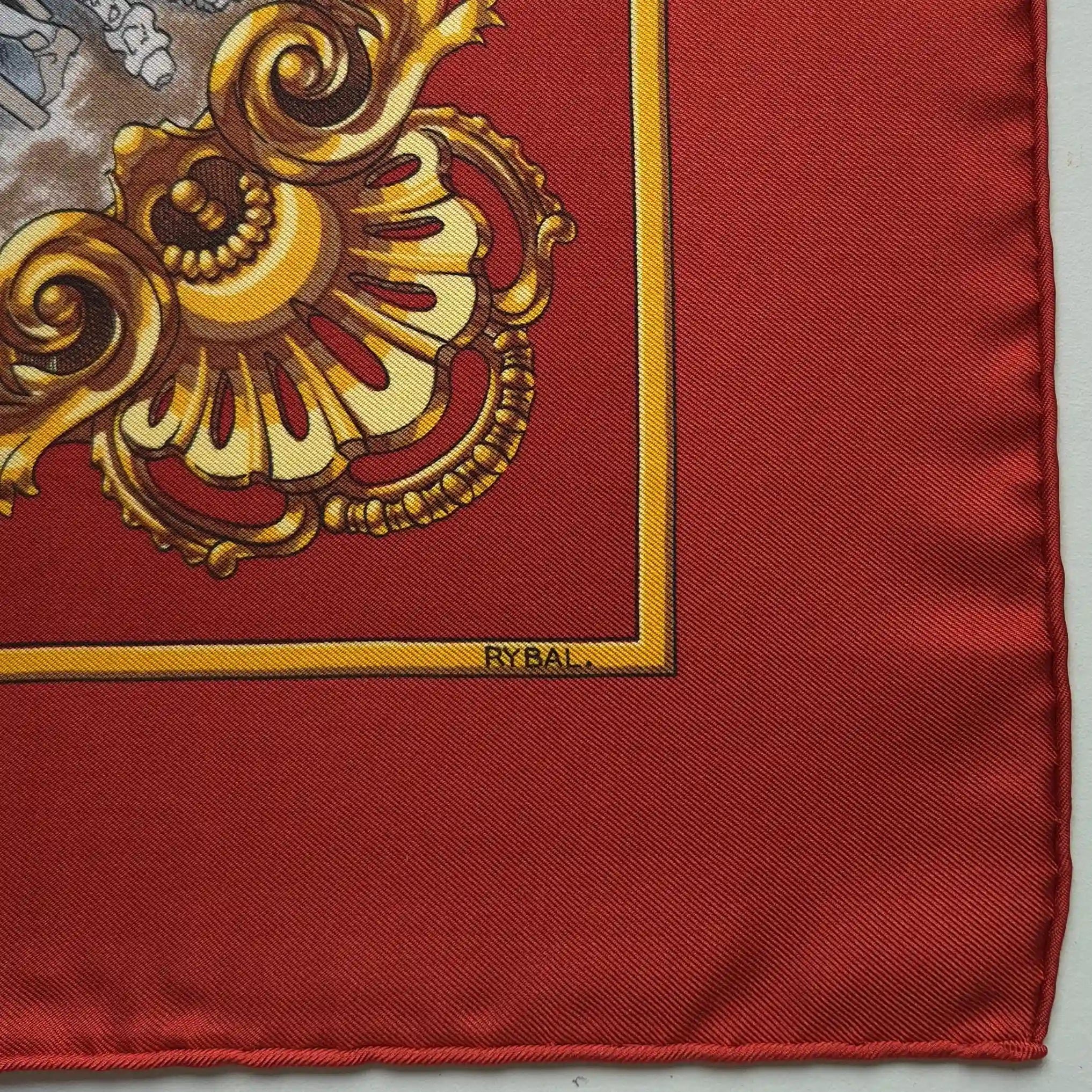 Hermès scarf Les Trois Mousquetaires red silk 90cm Rybaltchenko detail