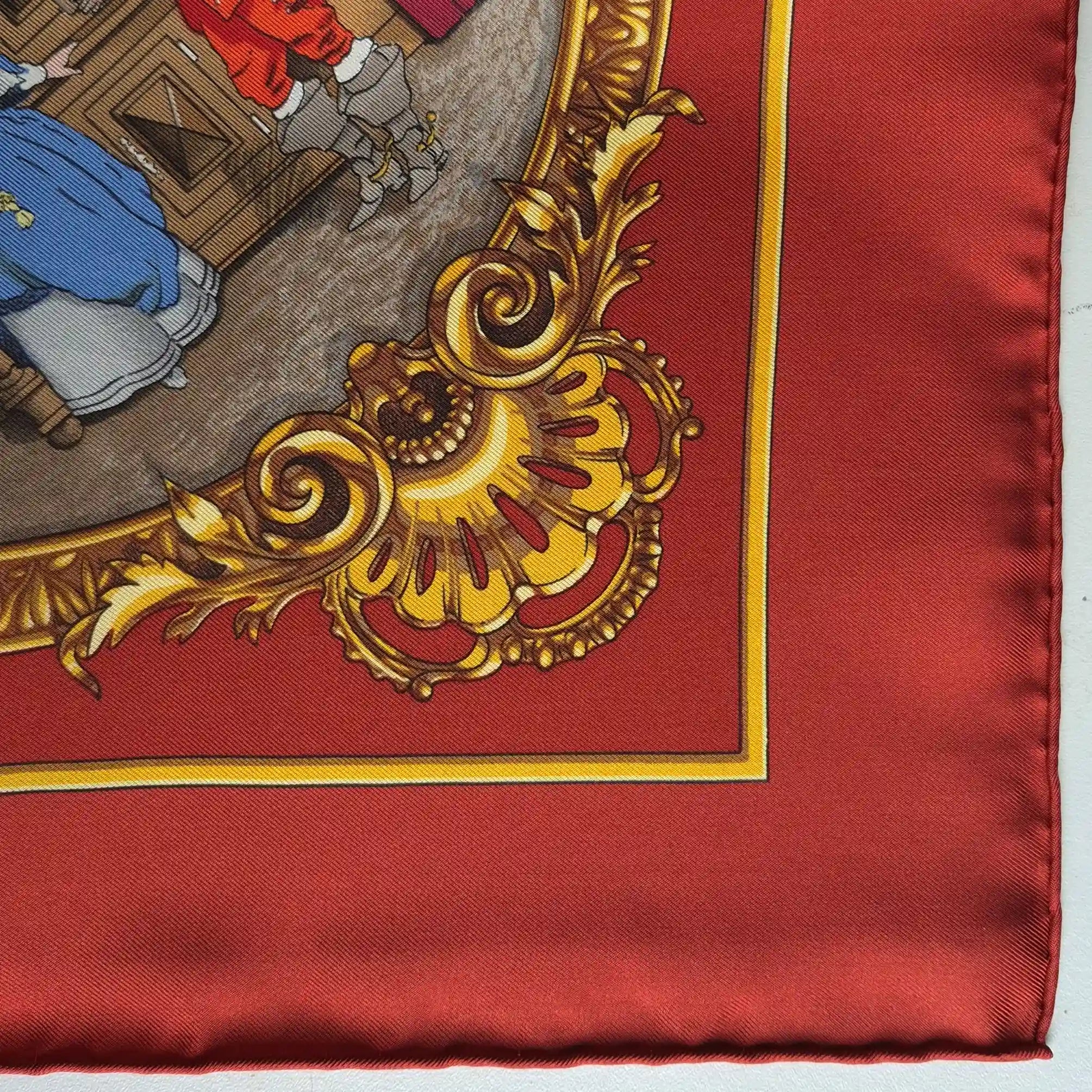 Hermès scarf Les Trois Mousquetaires red silk 90cm Rybaltchenko detail