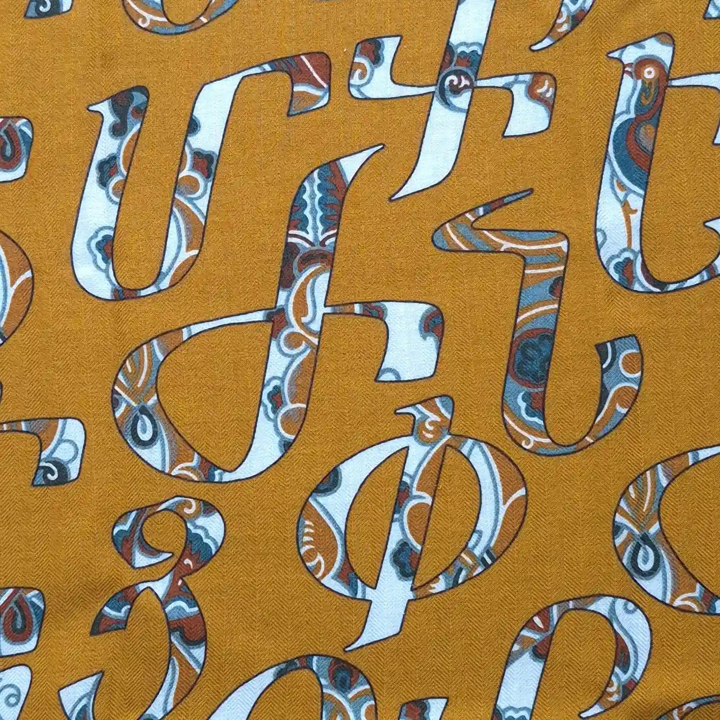 hermes lettres d erevan petrossian cashmere silk shawl yellow armenian alphabet detail
