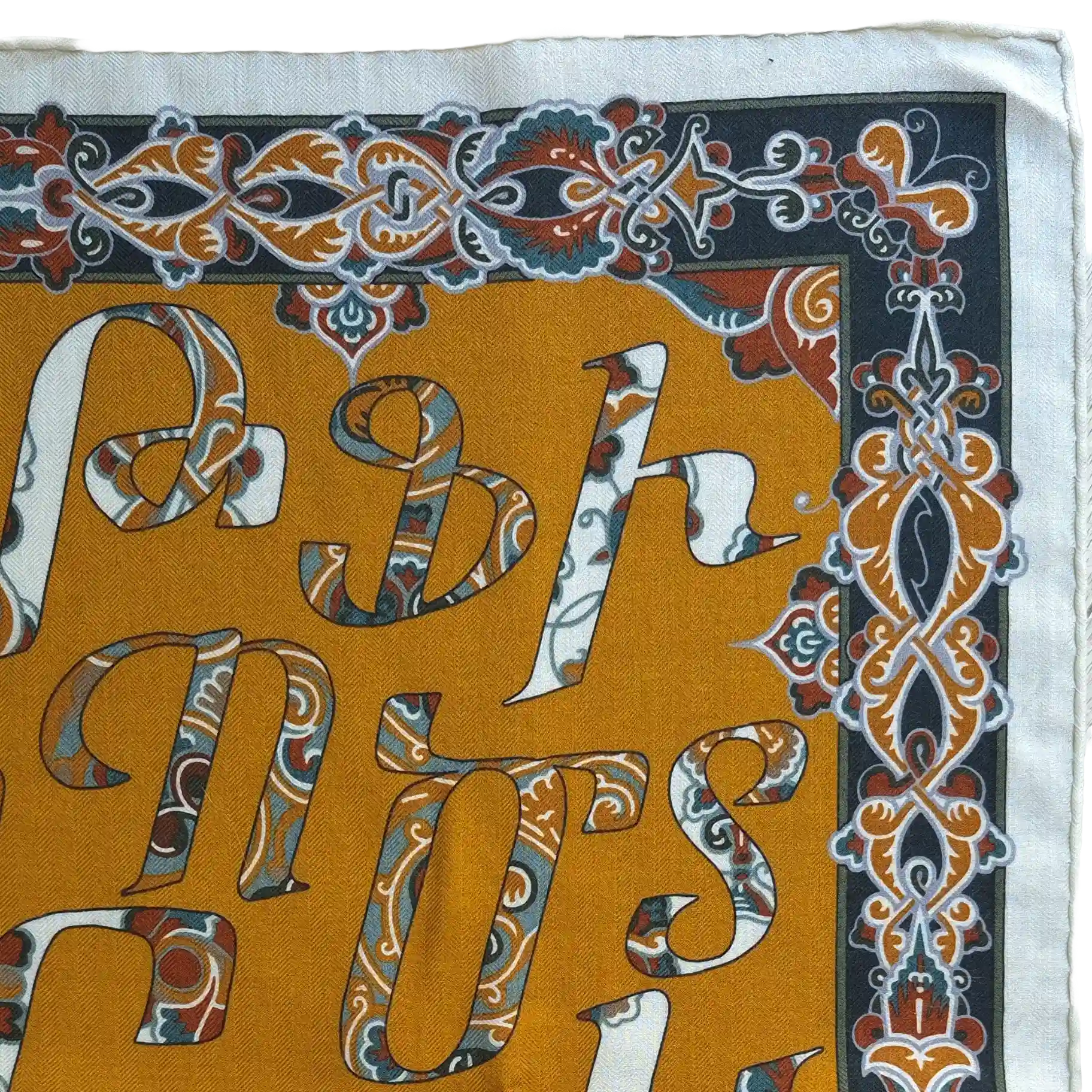 hermes lettres d erevan petrossian cashmere silk shawl yellow armenian alphabet detail