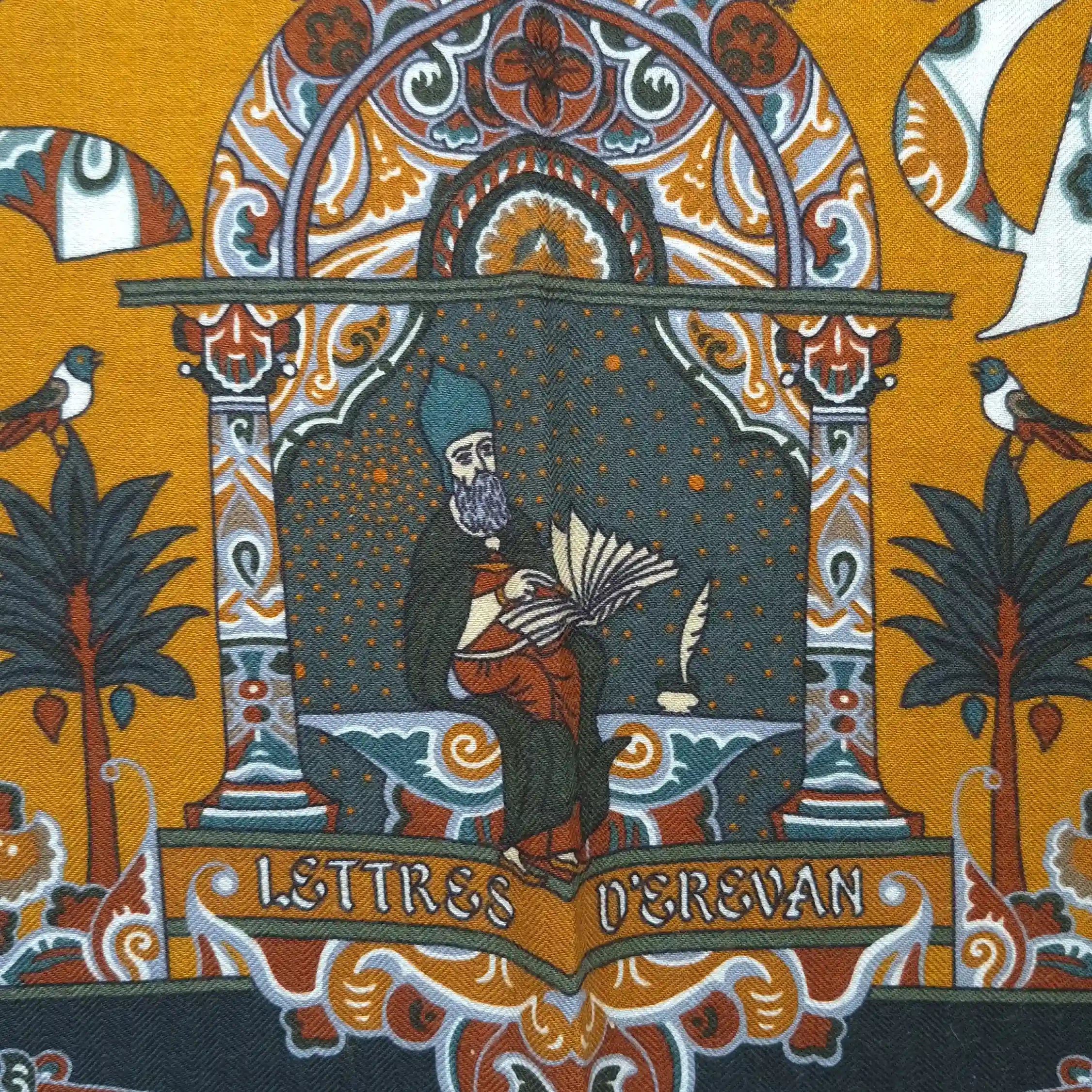 hermes lettres d erevan petrossian cashmere silk shawl yellow armenian alphabet detail