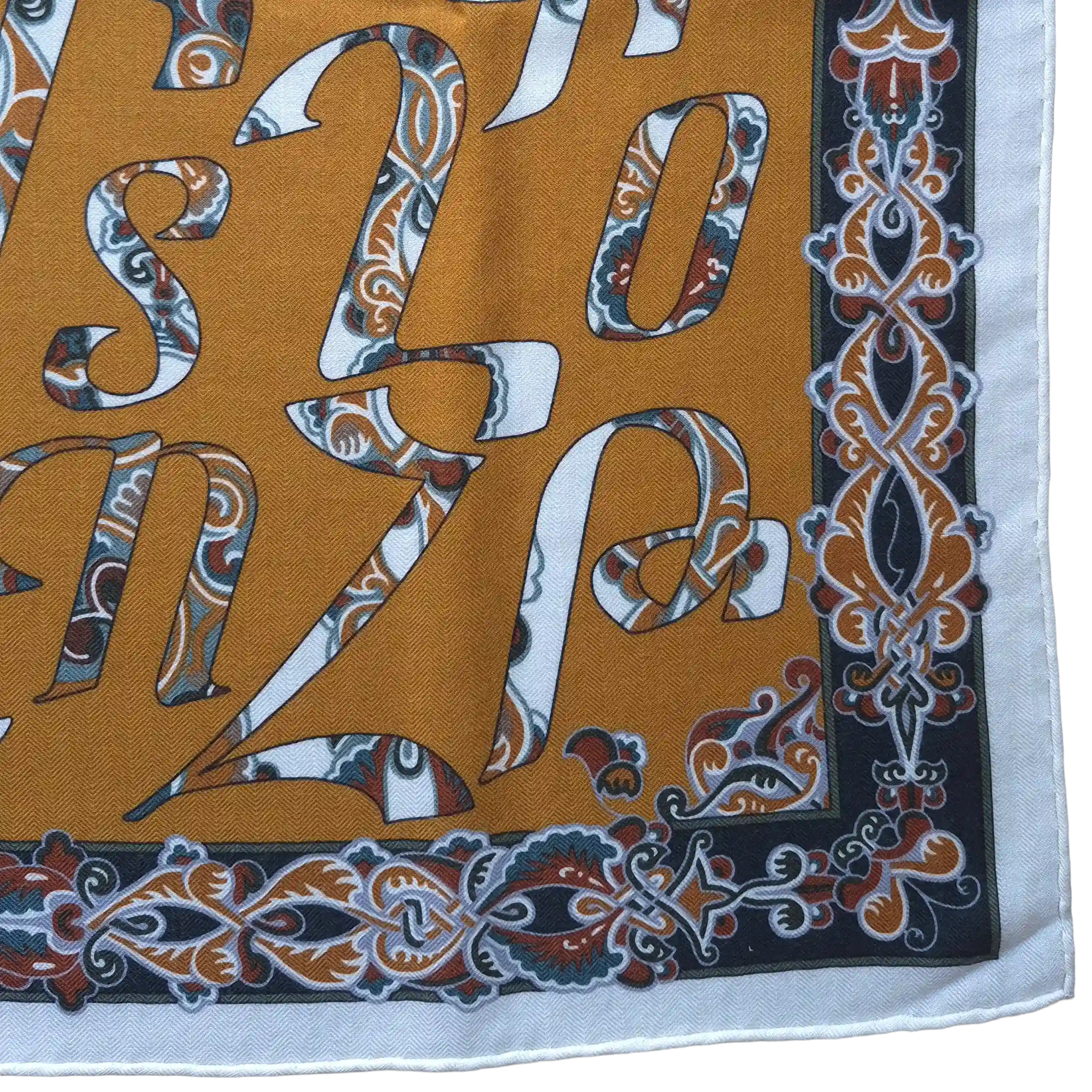 hermes lettres d erevan petrossian cashmere silk shawl yellow armenian alphabet detail