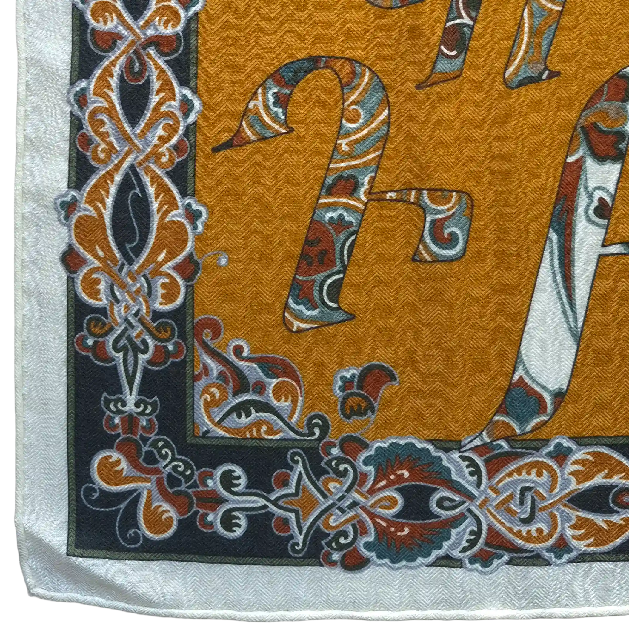 hermes lettres d erevan petrossian cashmere silk shawl yellow armenian alphabet detail