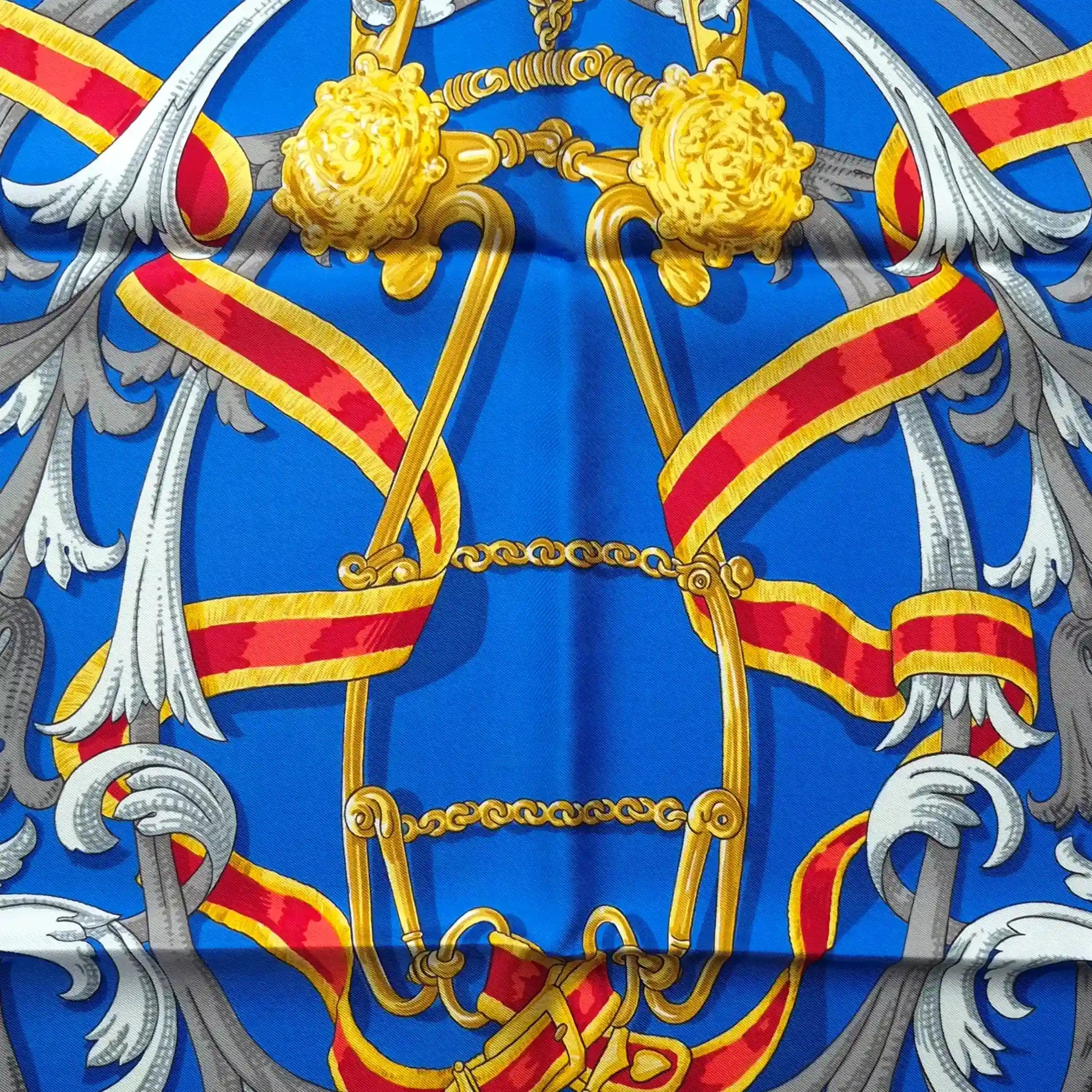 hermes mors a la connetable henri d'origny silk scarf blue gold equestrian detail