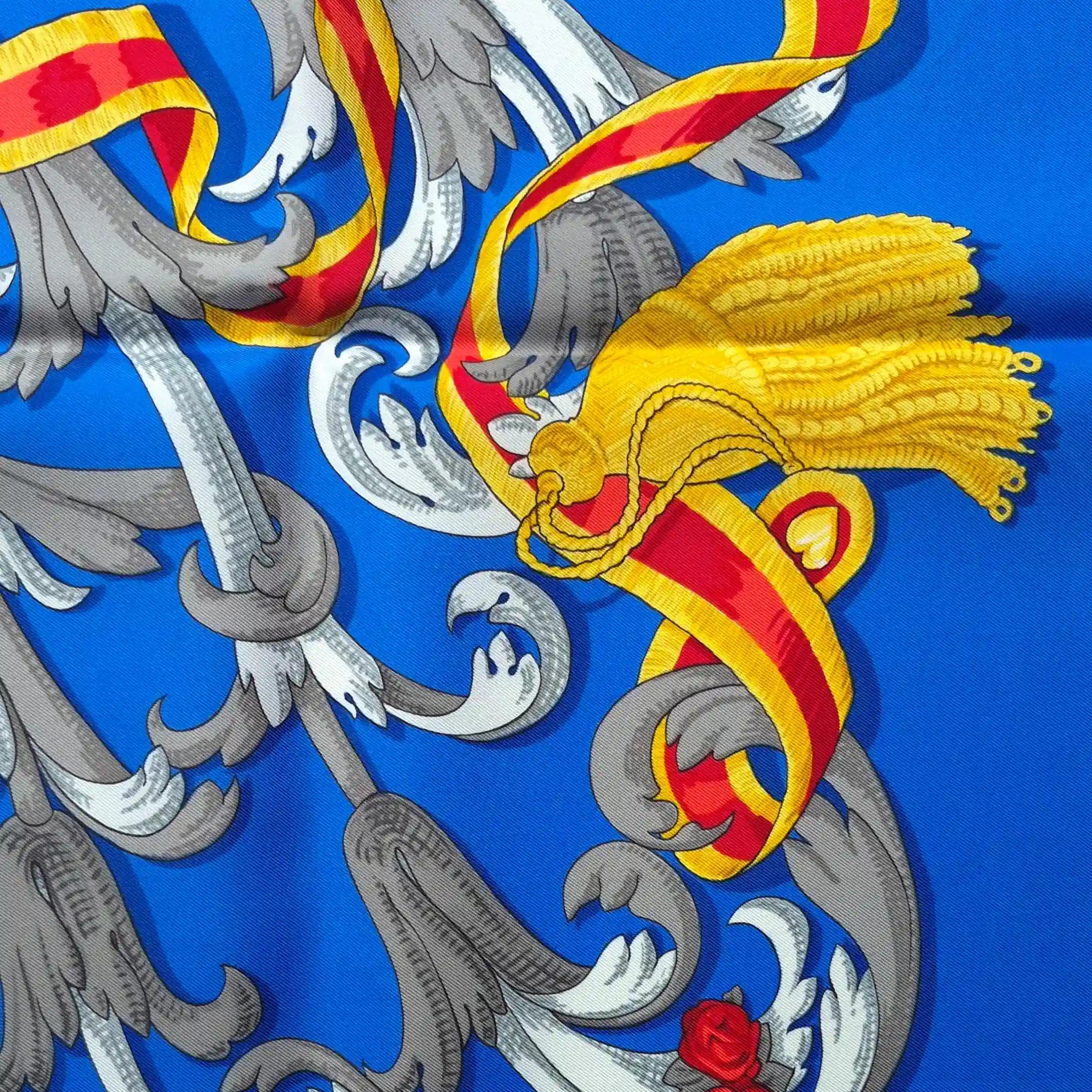 hermes mors a la connetable henri d'origny silk scarf blue gold equestrian detail