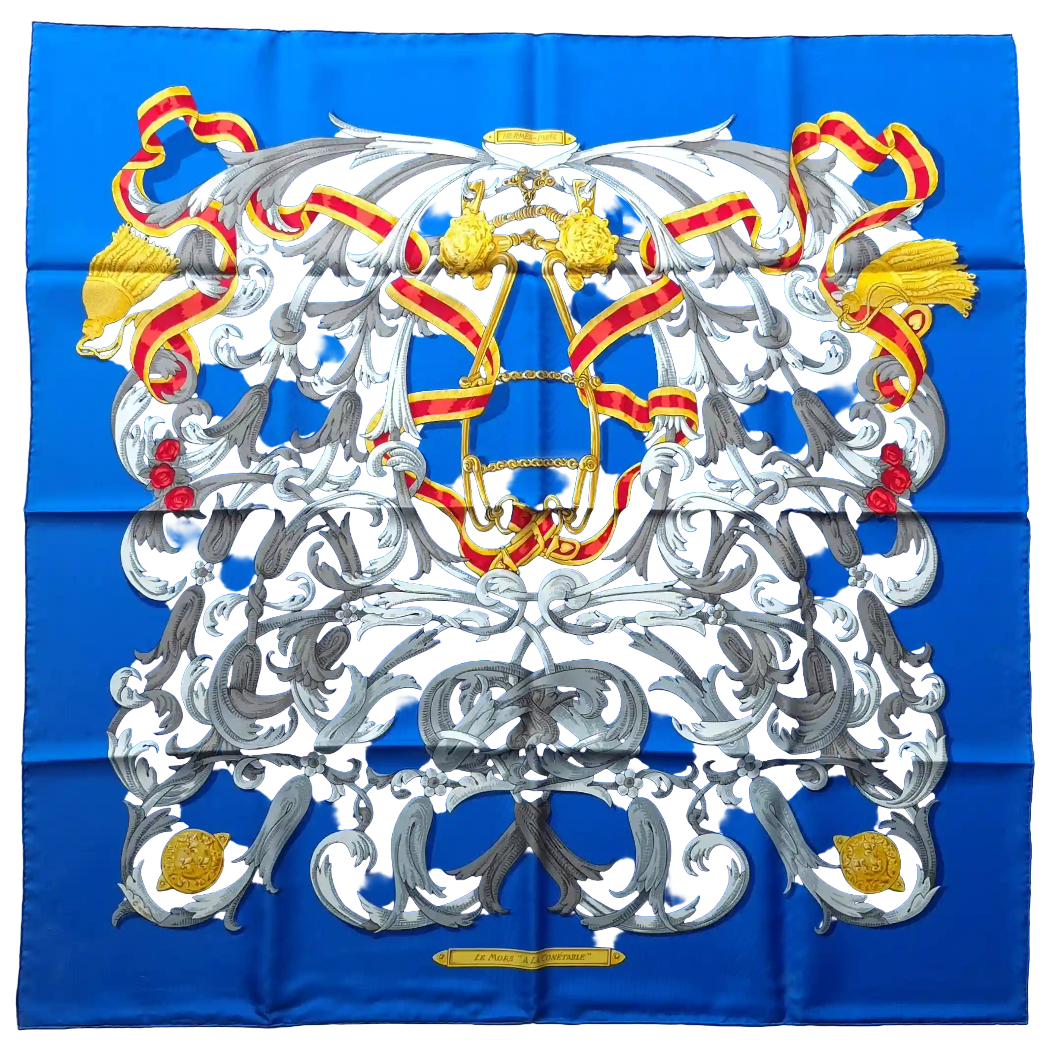 hermes mors a la connetable henri d'origny silk scarf blue gold equestrian
