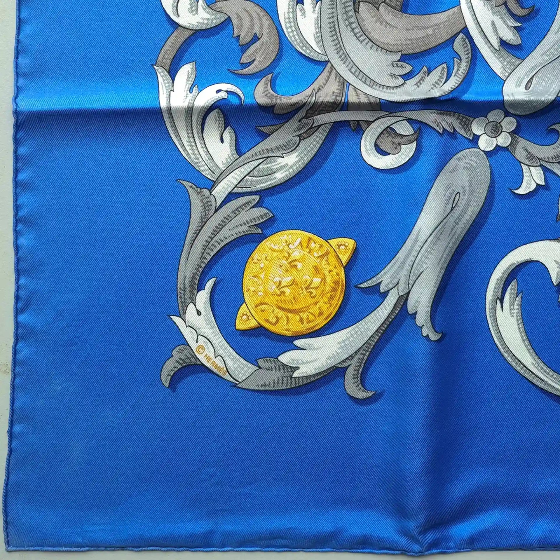 hermes mors a la connetable henri d'origny silk scarf blue gold equestrian detail