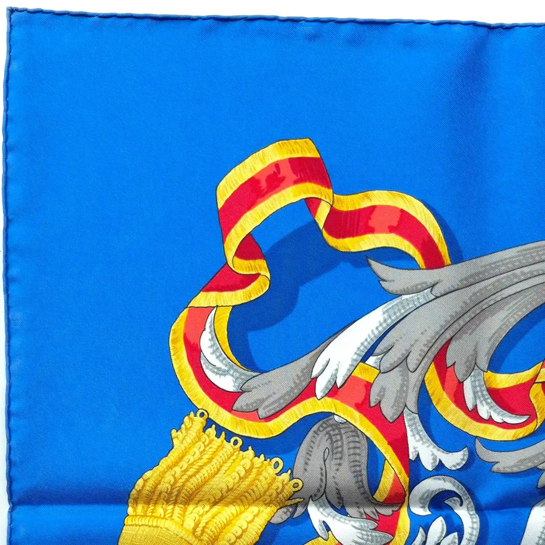hermes mors a la connetable henri d'origny silk scarf blue gold equestrian detail
