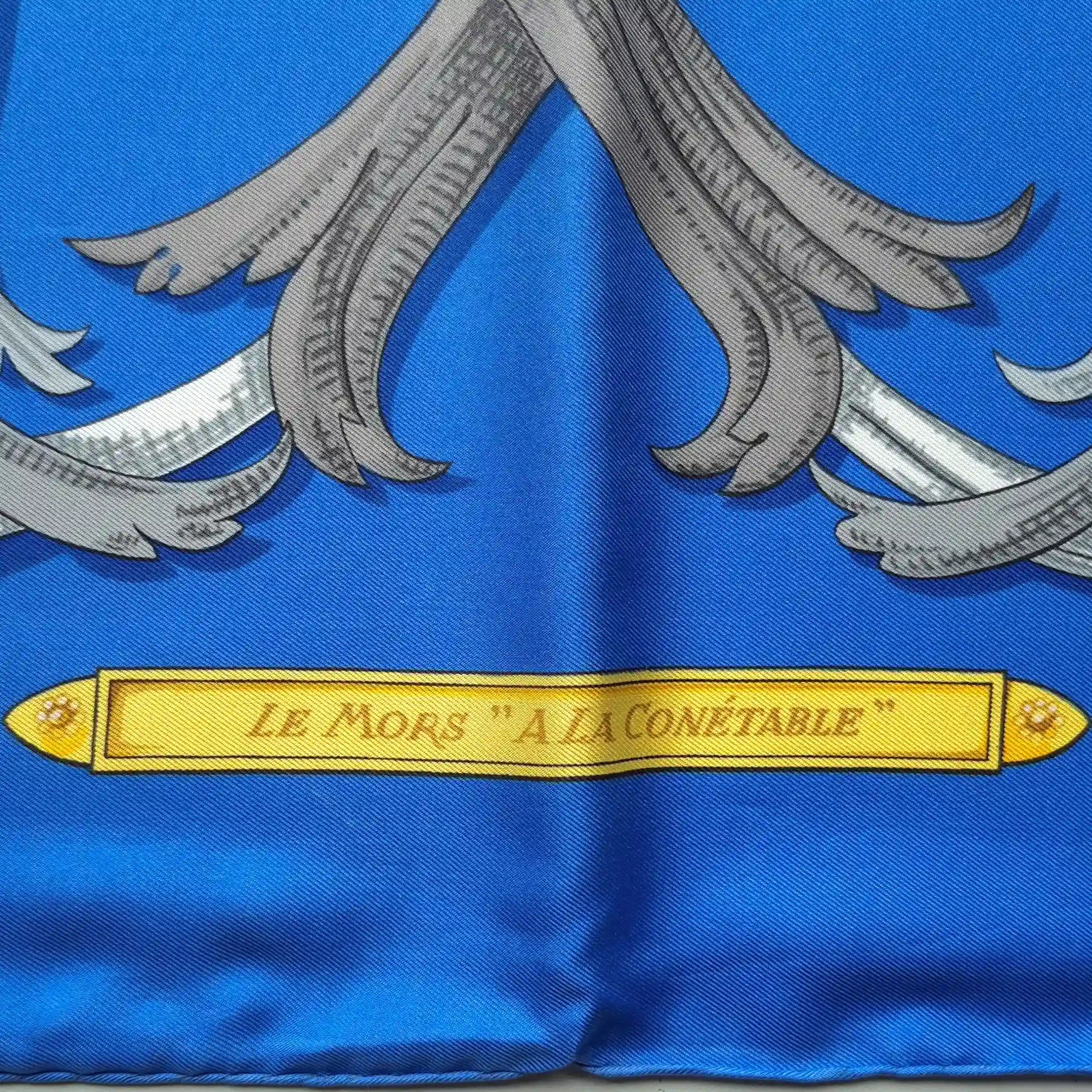 hermes mors a la connetable henri d'origny silk scarf blue gold equestrian detail
