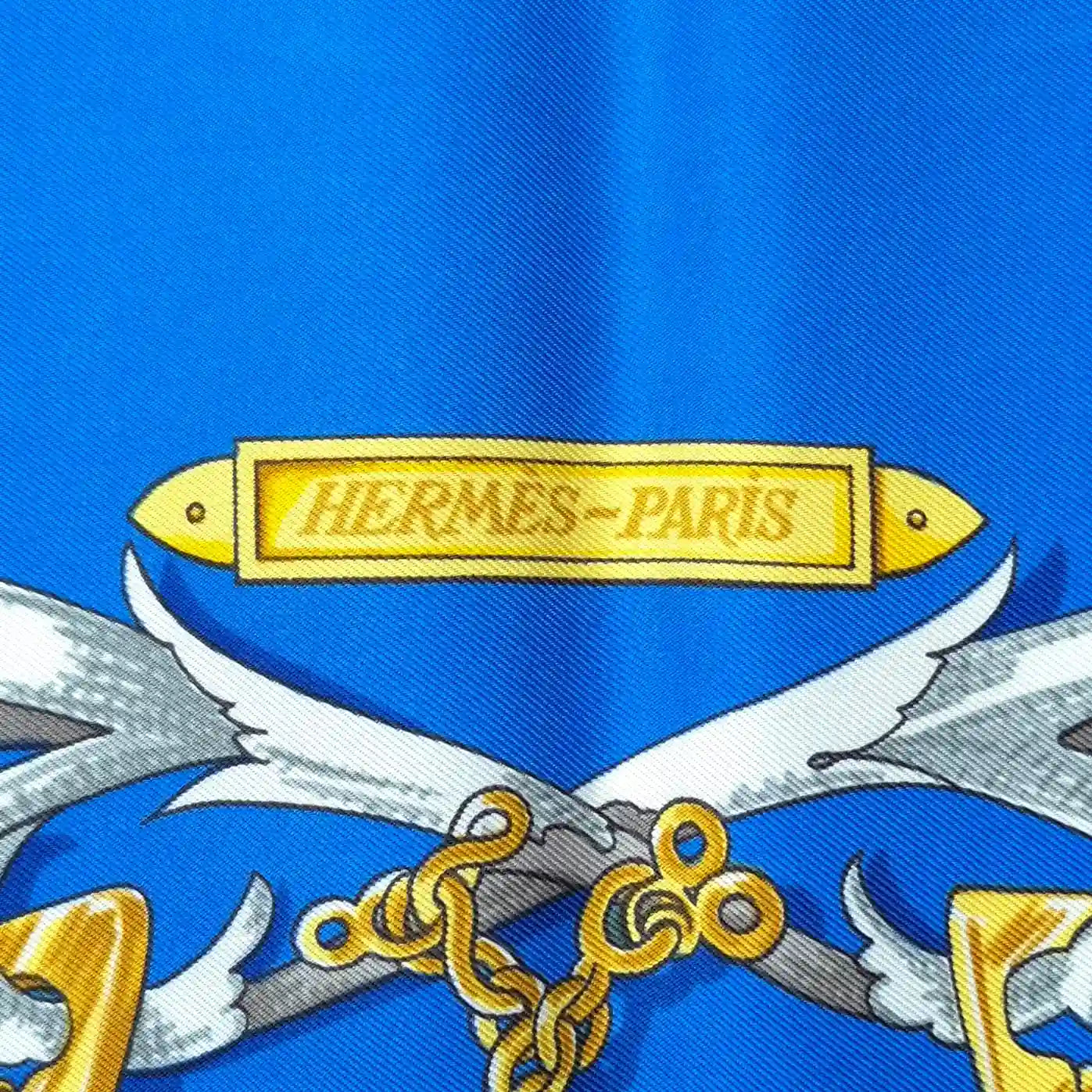 hermes mors a la connetable henri d'origny silk scarf blue gold equestrian detail