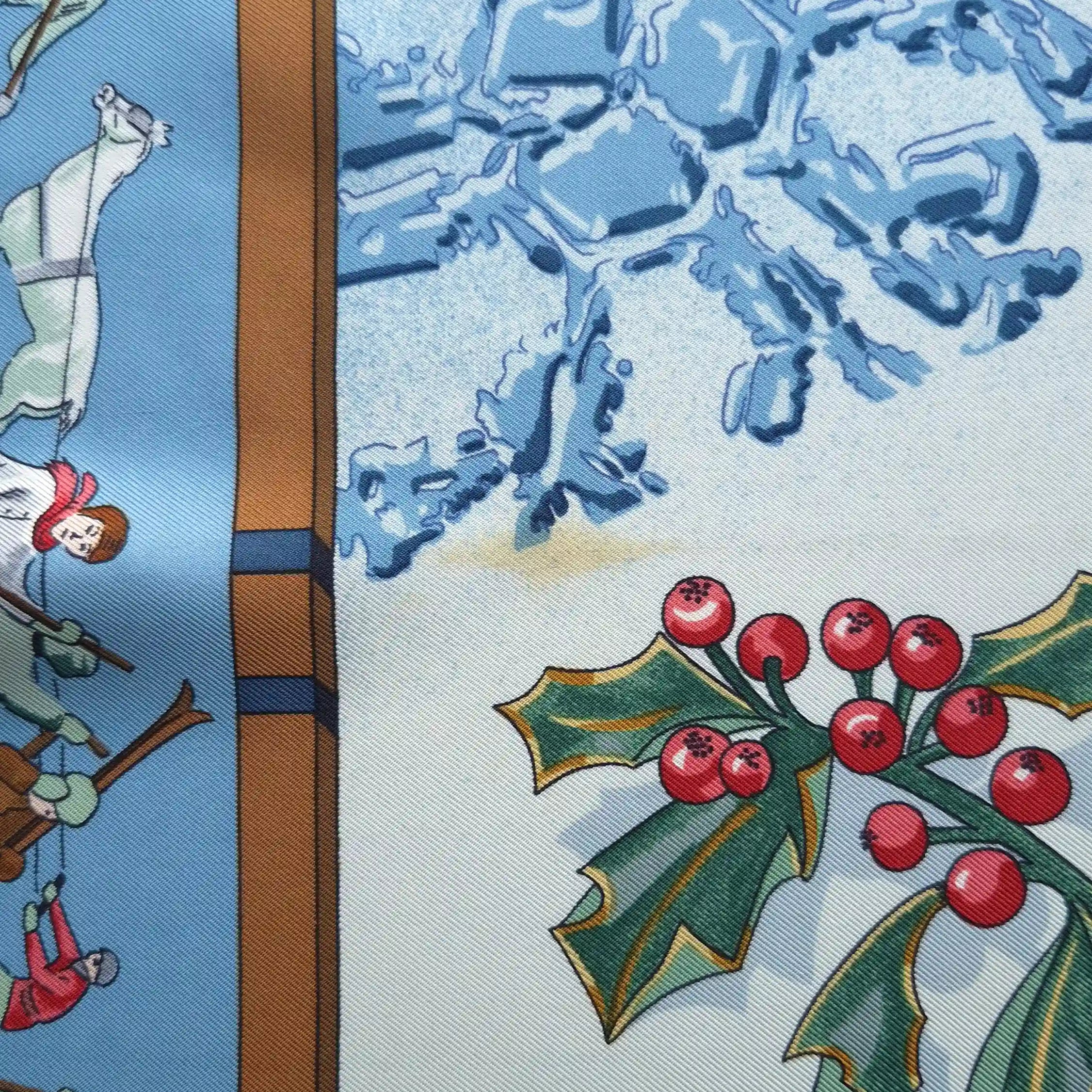hermes neige d antan caty latham silk scarf blue winter holly skating blue