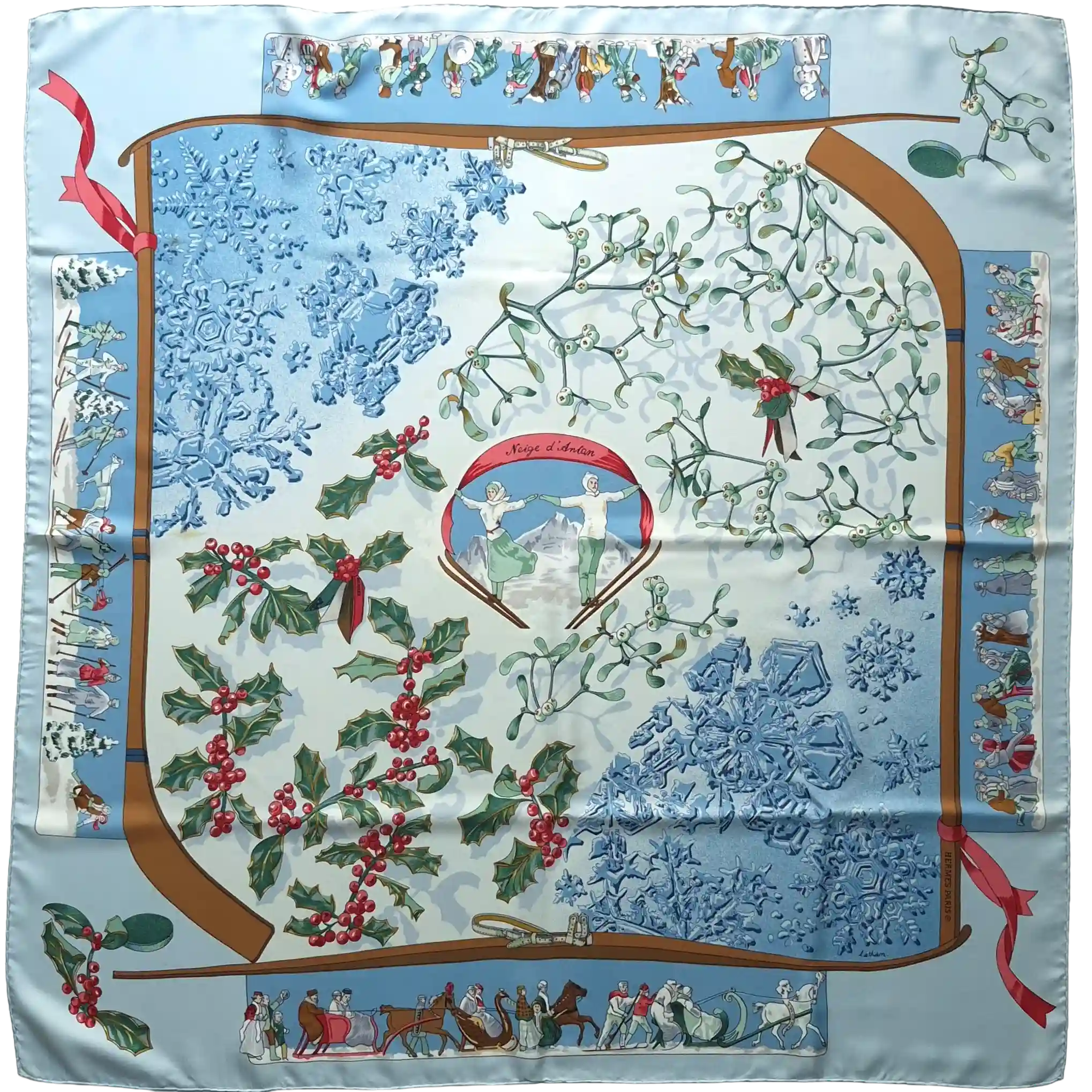 hermes neige d antan caty latham silk scarf blue winter holly skating blue