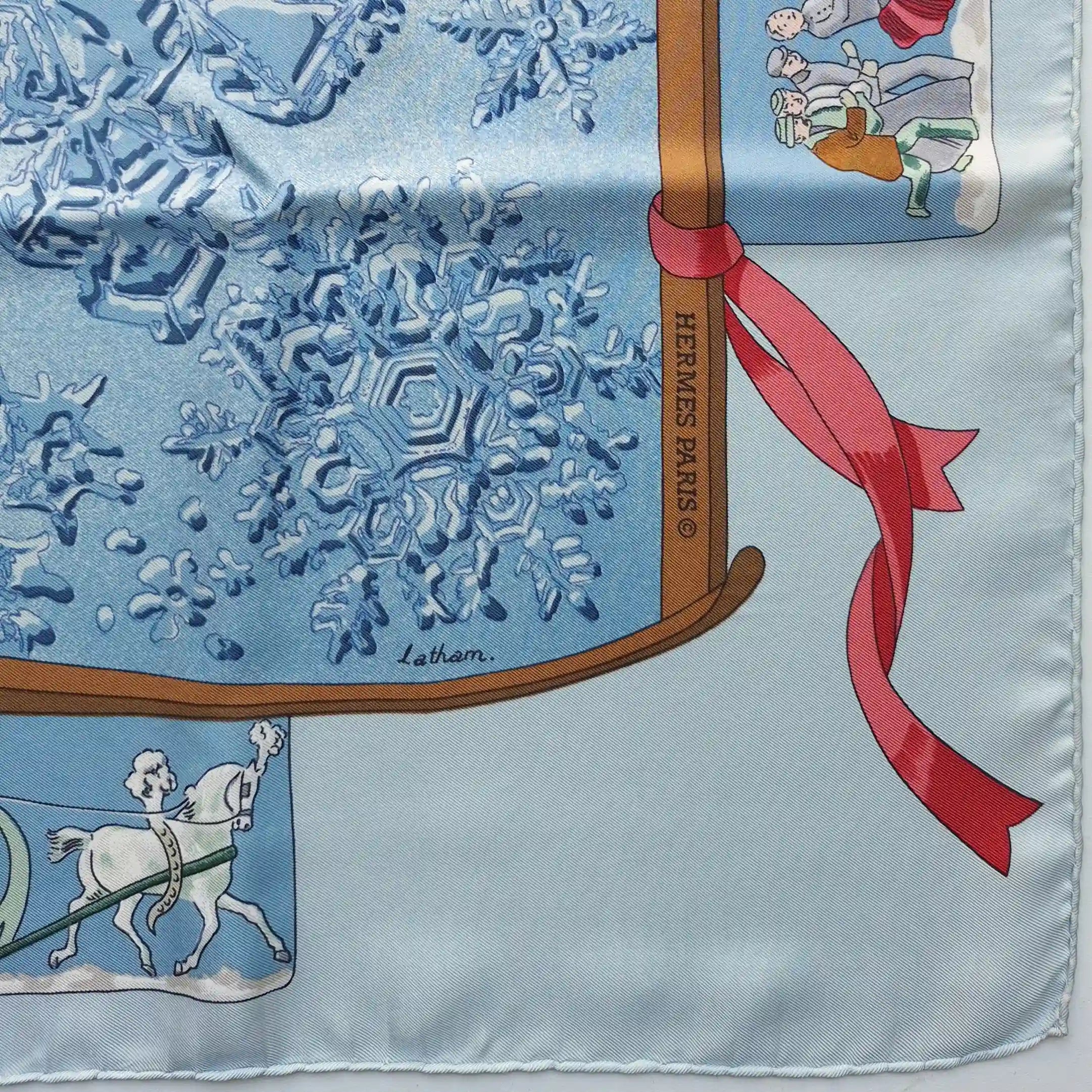 hermes neige d antan caty latham silk scarf blue winter holly skating blue