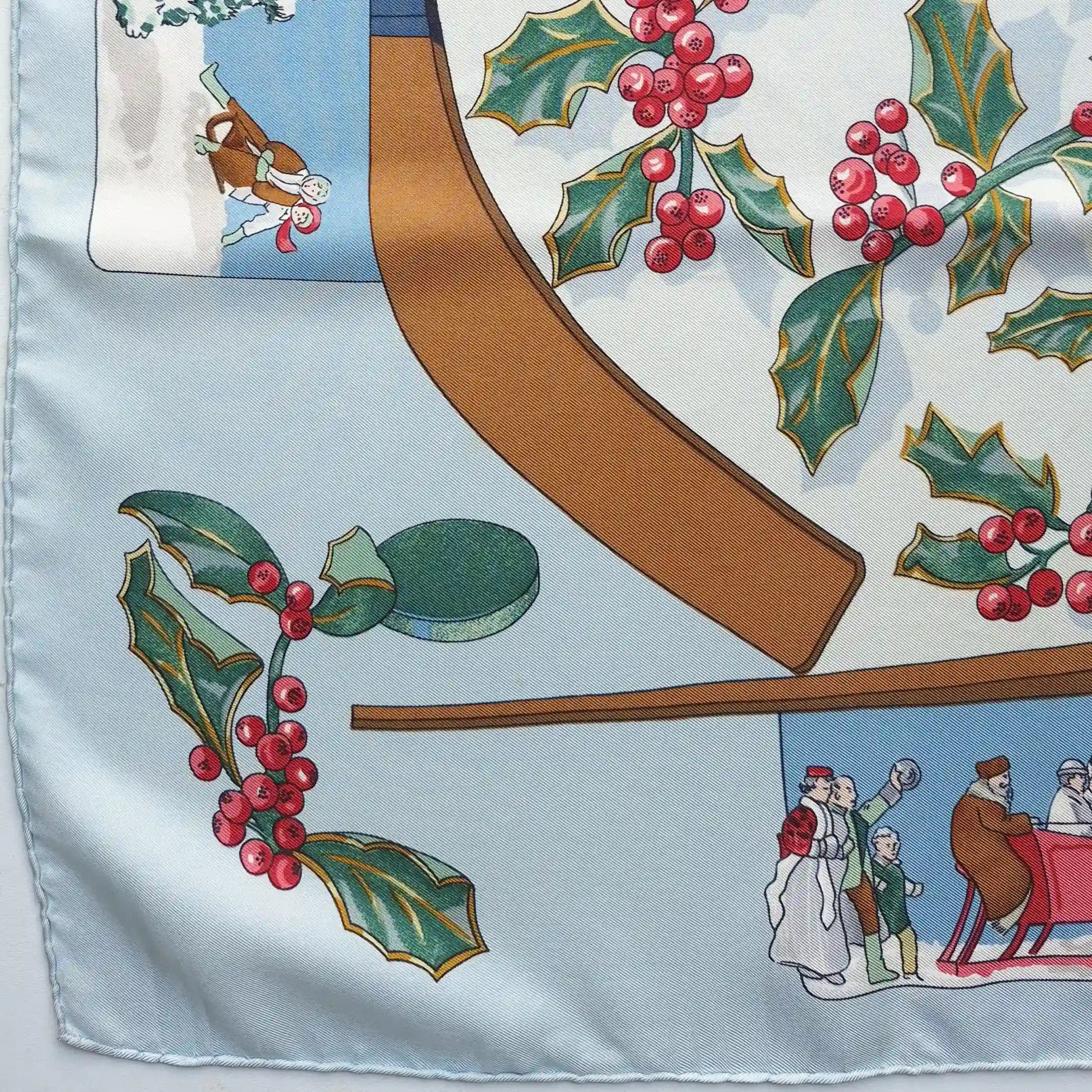 hermes neige d antan caty latham silk scarf blue winter holly skating blue