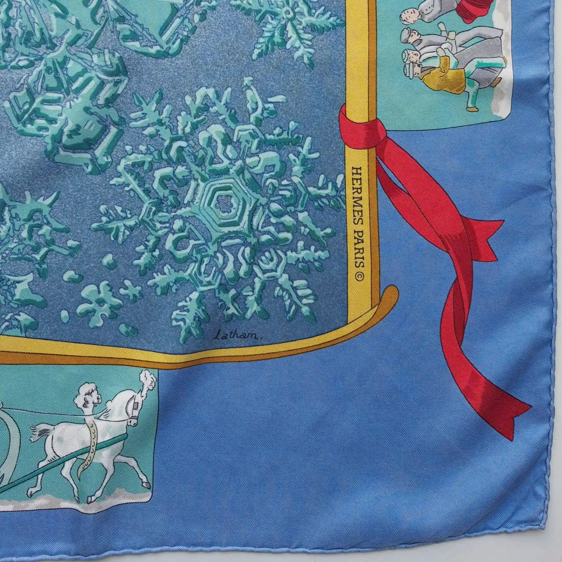 hermes neige d antan robert dallet silk scarf blue winter holly skating
