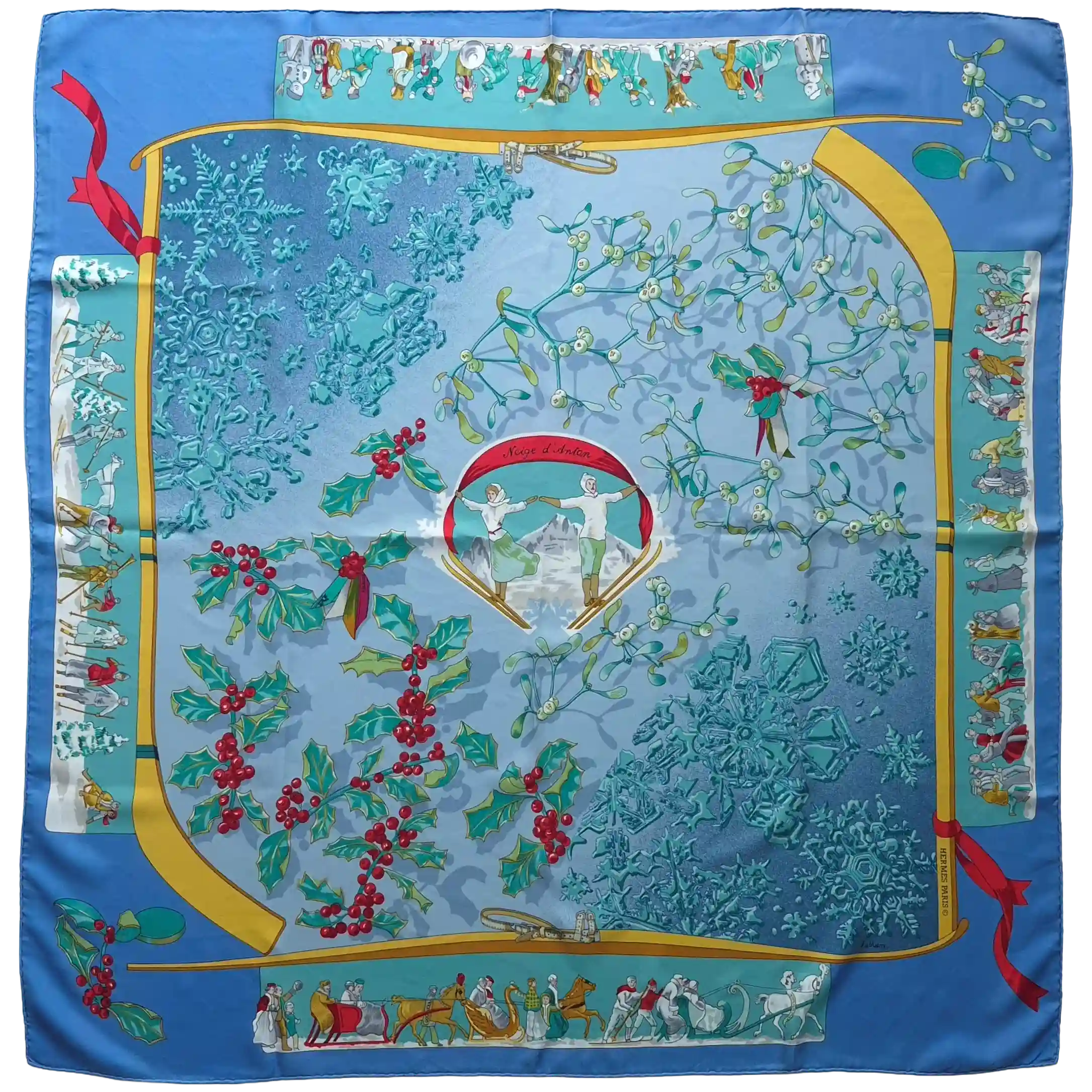 hermes neige d antan robert dallet silk scarf blue winter holly skating