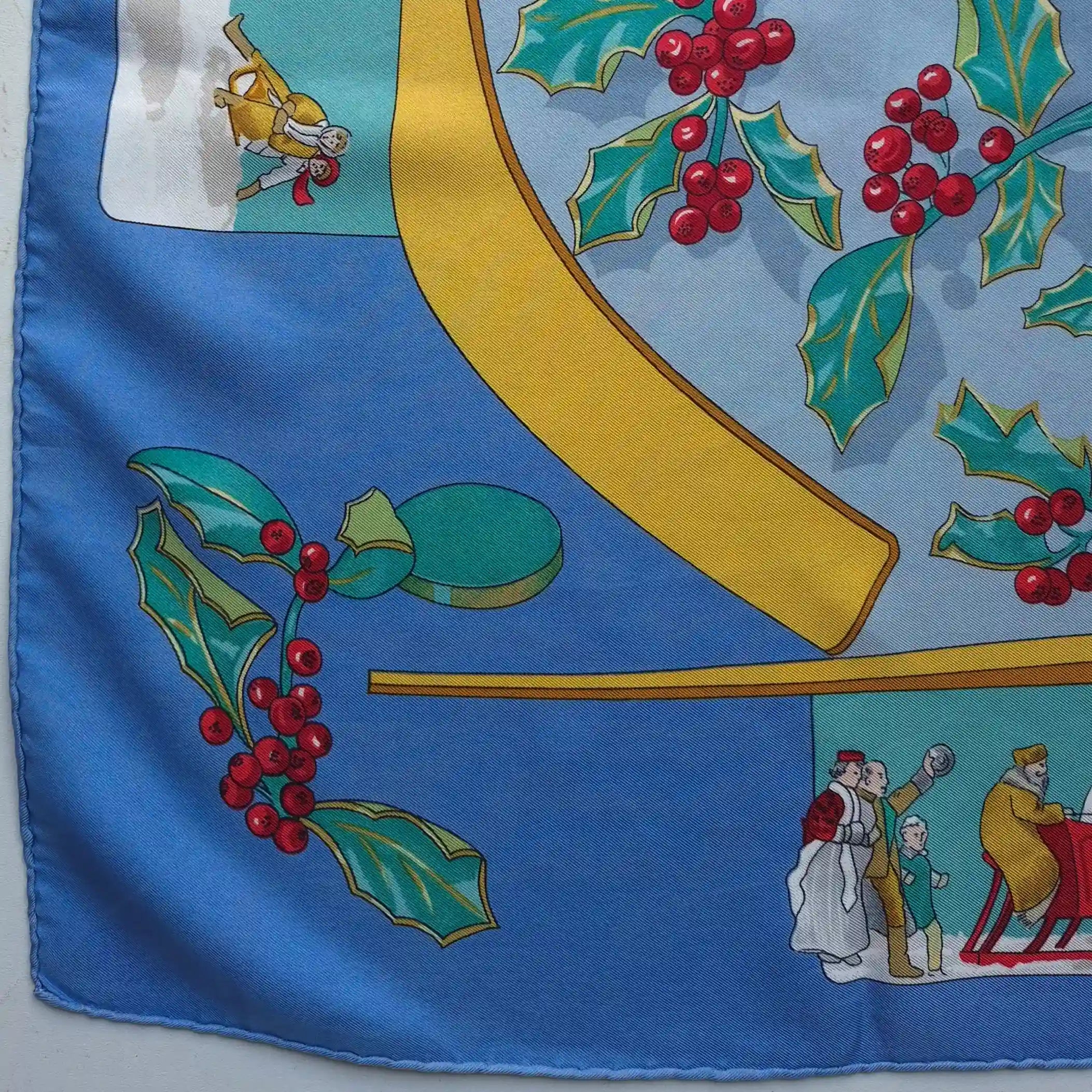 hermes neige d antan robert dallet silk scarf blue winter holly skating detail