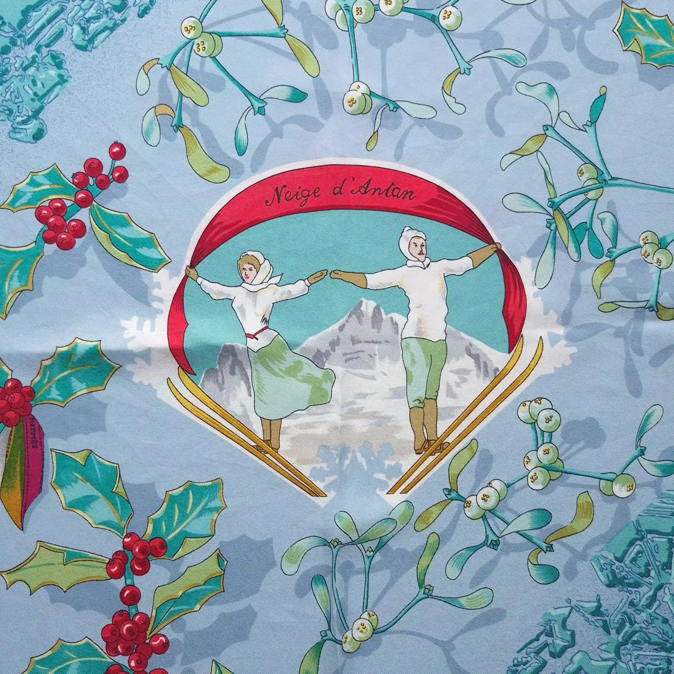 hermes neige d antan robert dallet silk scarf blue winter holly skating