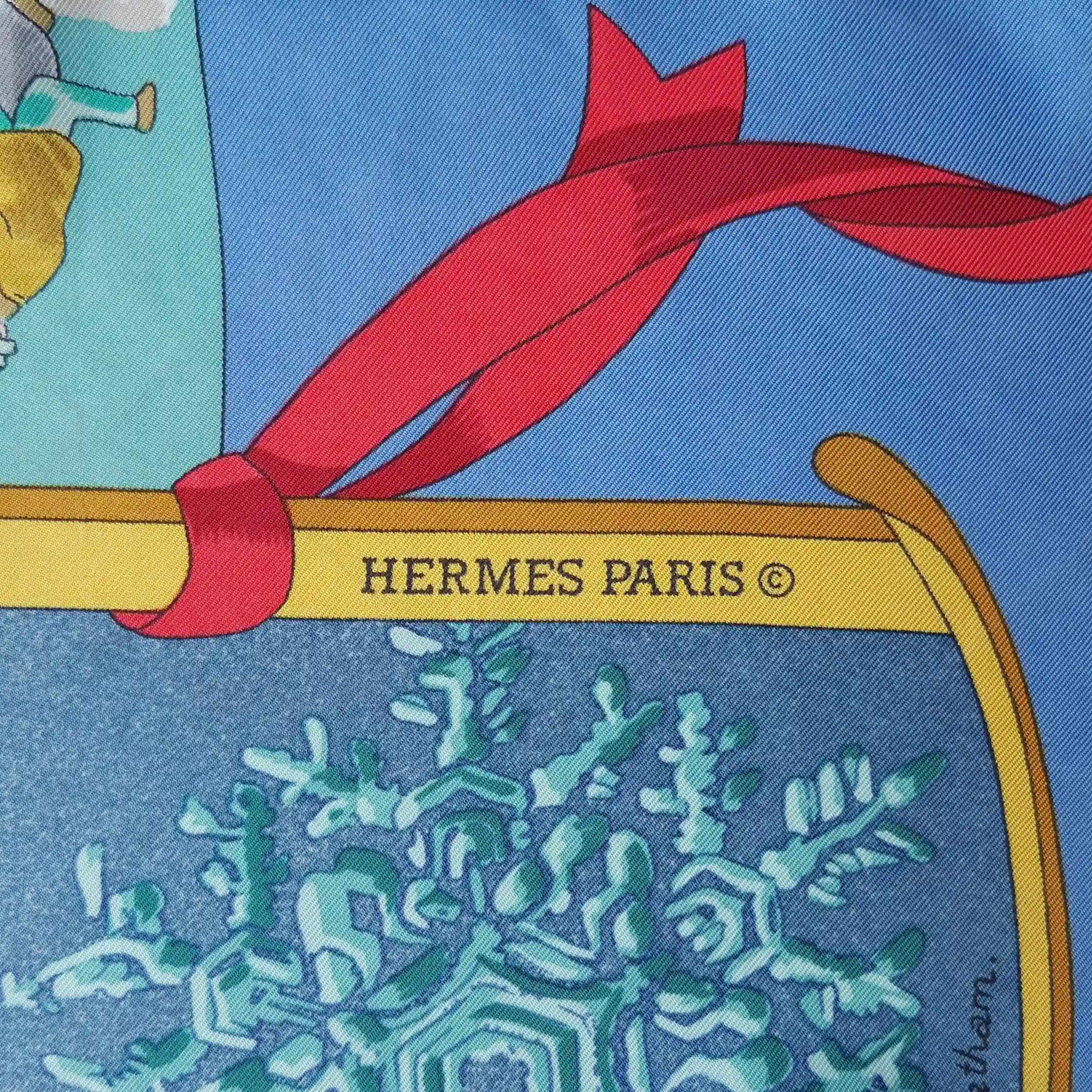 hermes neige d antan robert dallet silk scarf blue winter holly skating detail