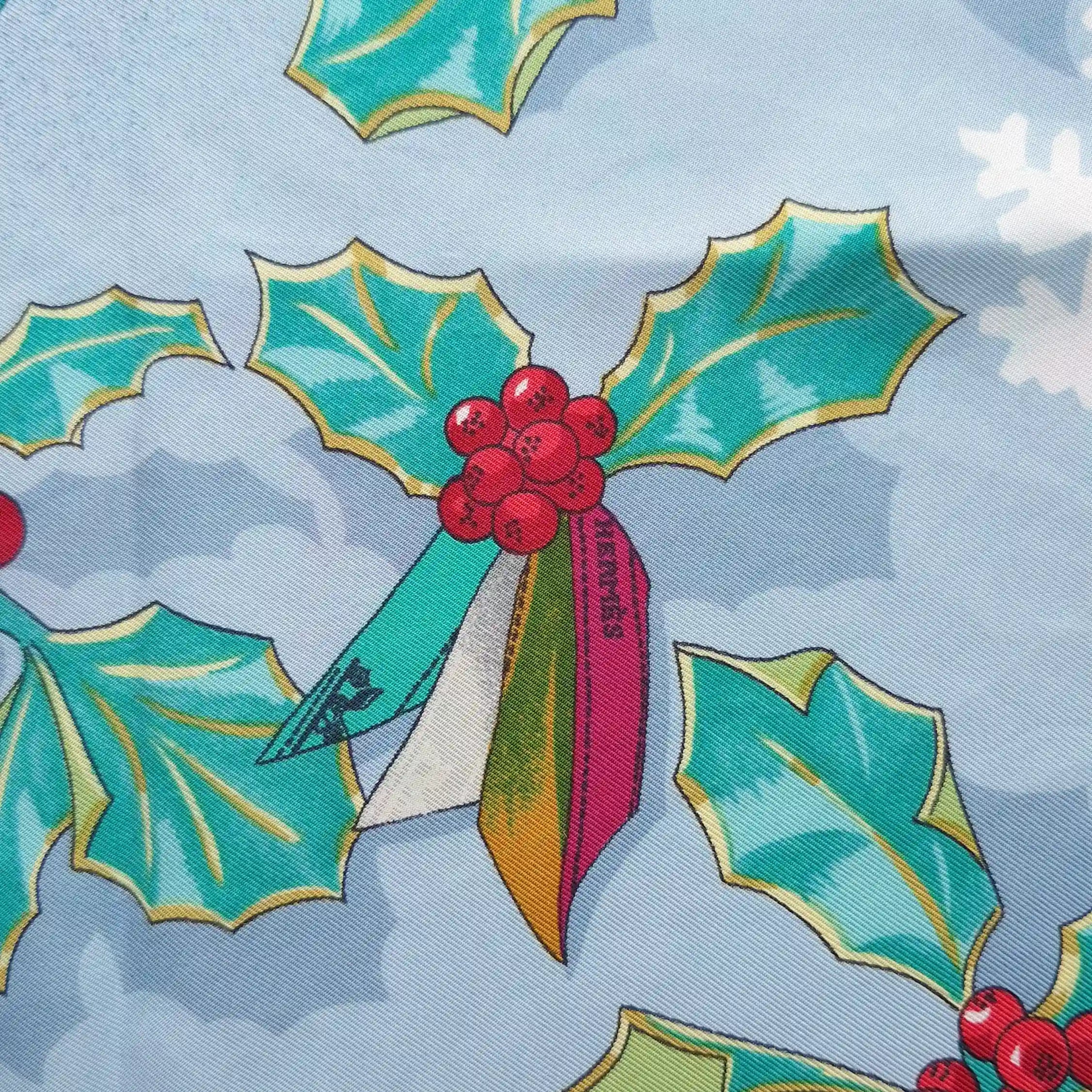 hermes neige d antan robert dallet silk scarf blue winter holly skating detail