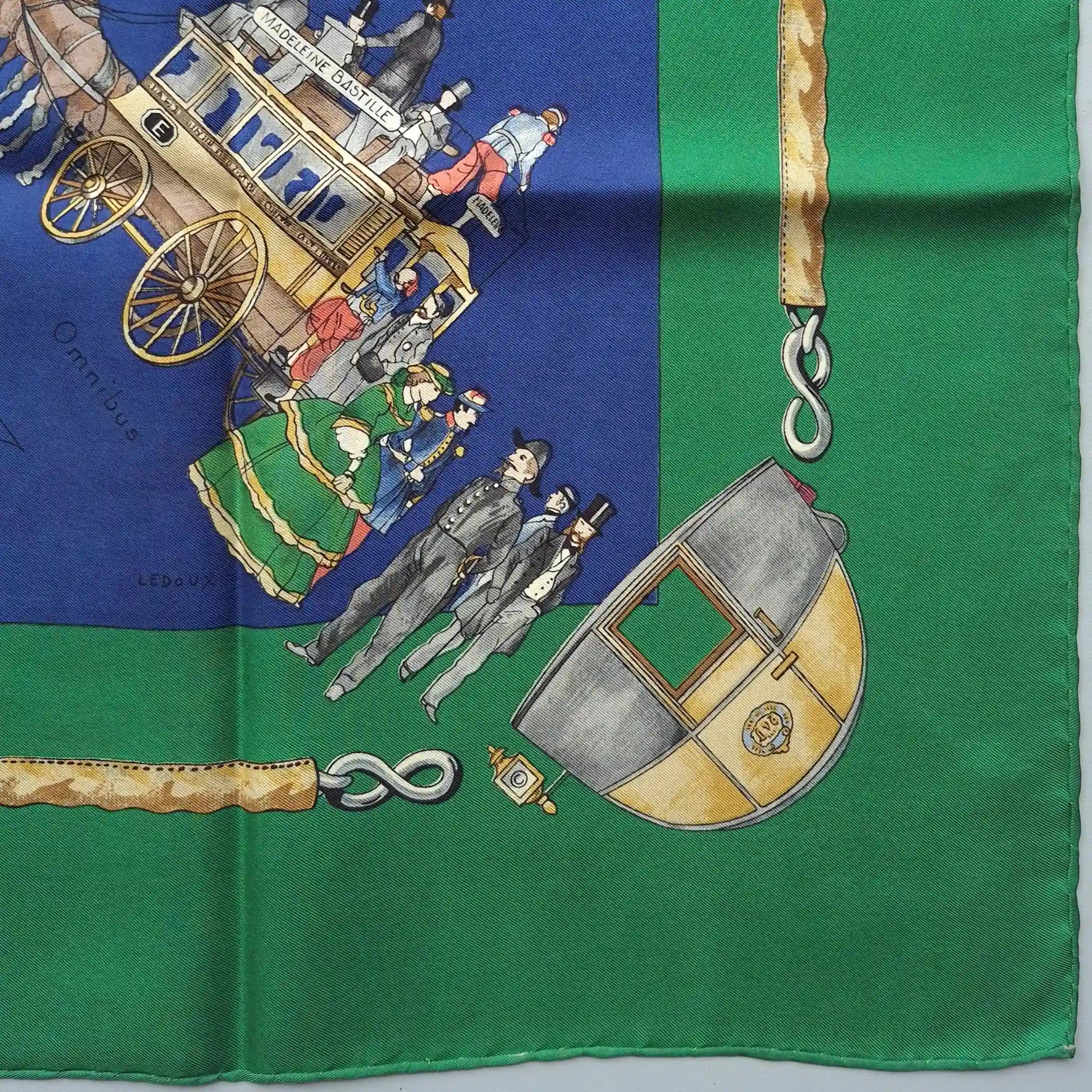 hermes omnibus et voitures de place philippe ledoux 1967 silk scarf green blue carriages paris detail