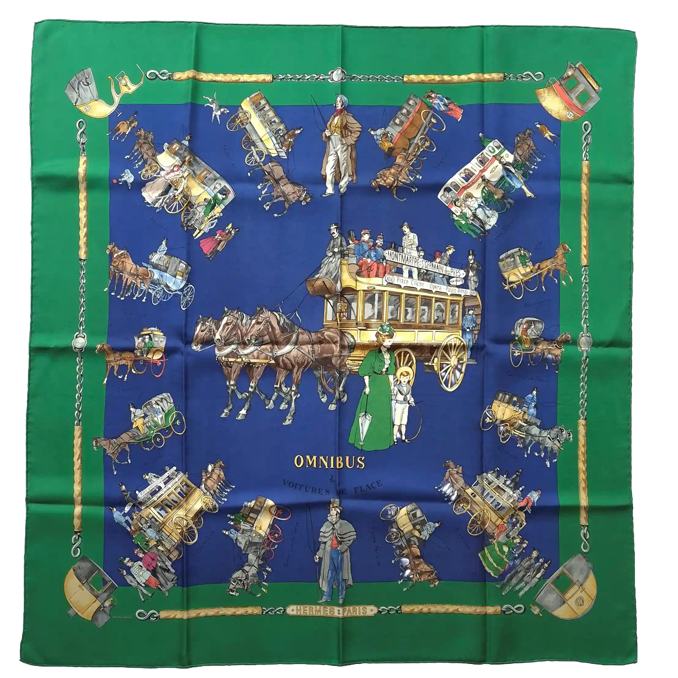 hermes omnibus et voitures de place philippe ledoux 1967 silk scarf green blue carriages paris