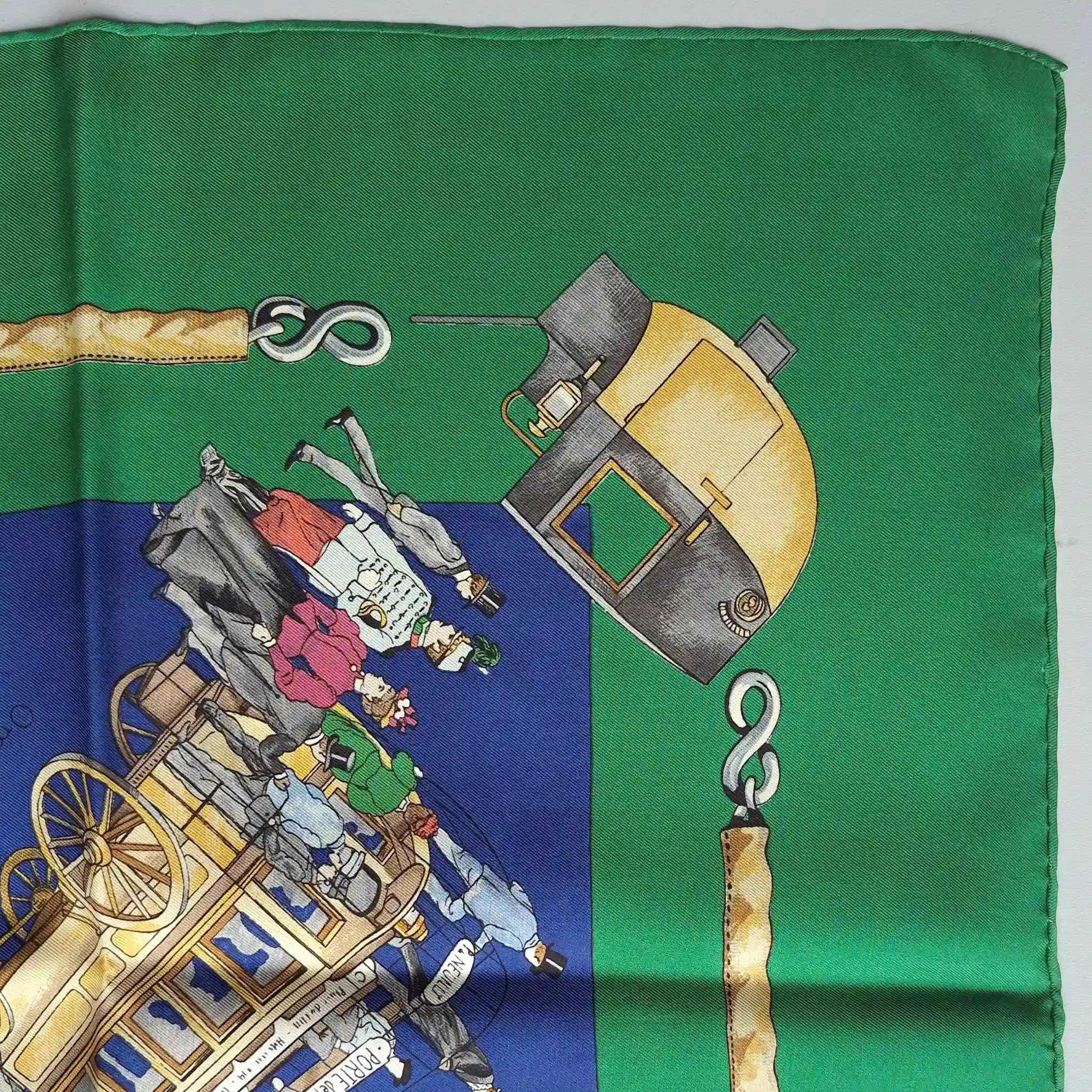 hermes omnibus et voitures de place philippe ledoux 1967 silk scarf green blue carriages paris detail