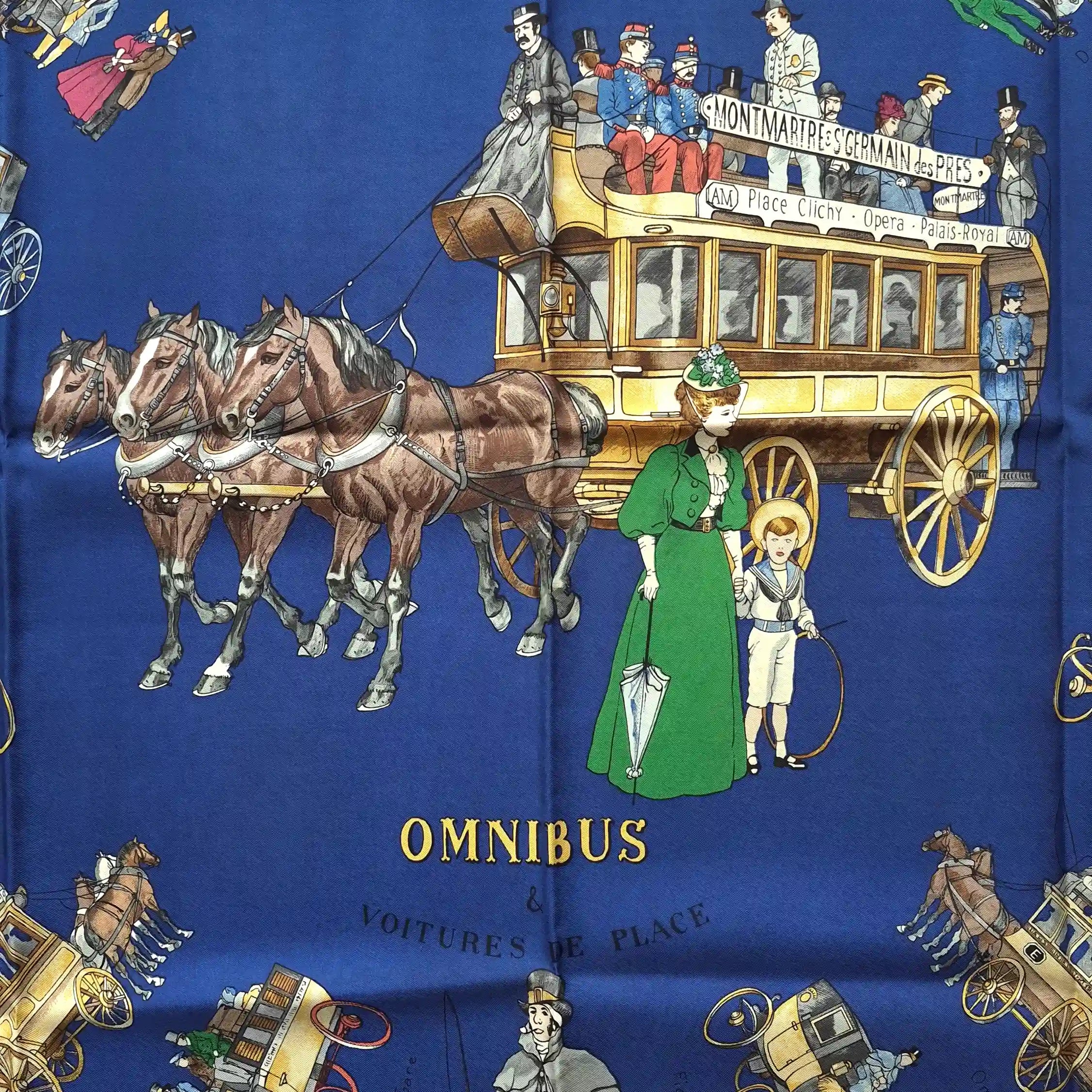 hermes omnibus et voitures de place philippe ledoux 1967 silk scarf green blue carriages paris detail