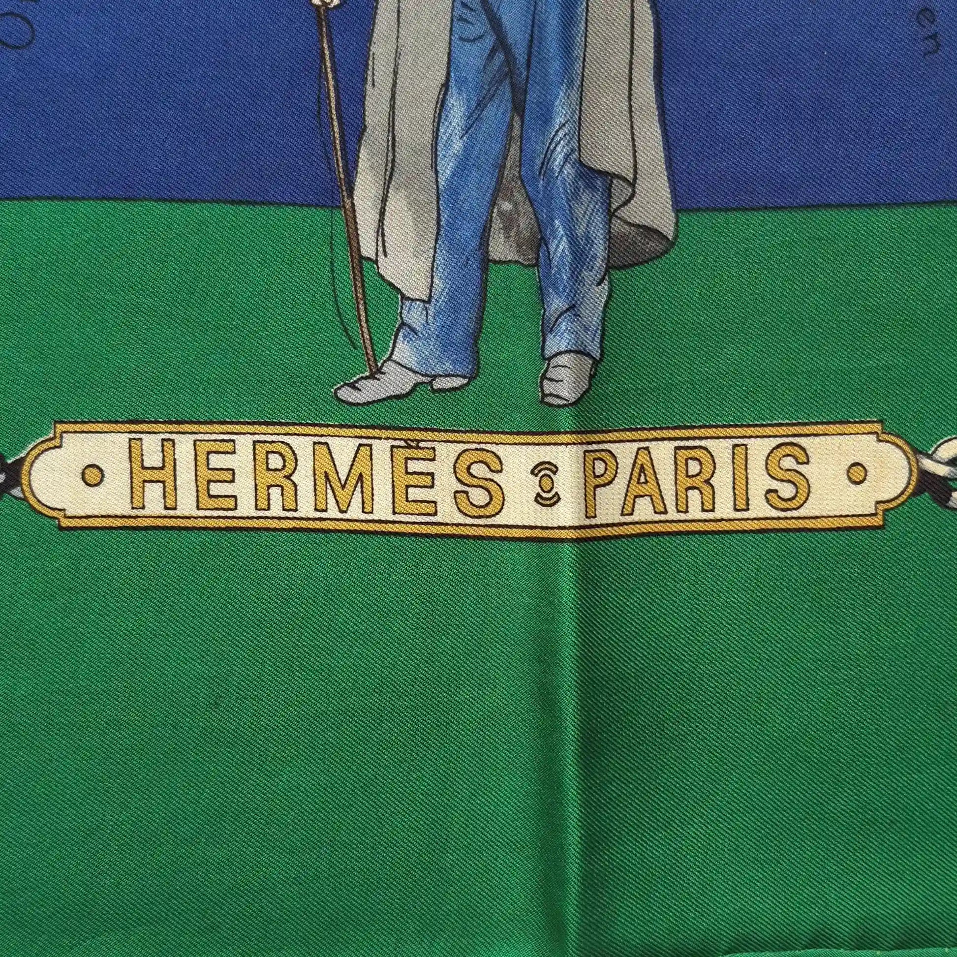 hermes omnibus et voitures de place philippe ledoux 1967 silk scarf green blue carriages paris detail