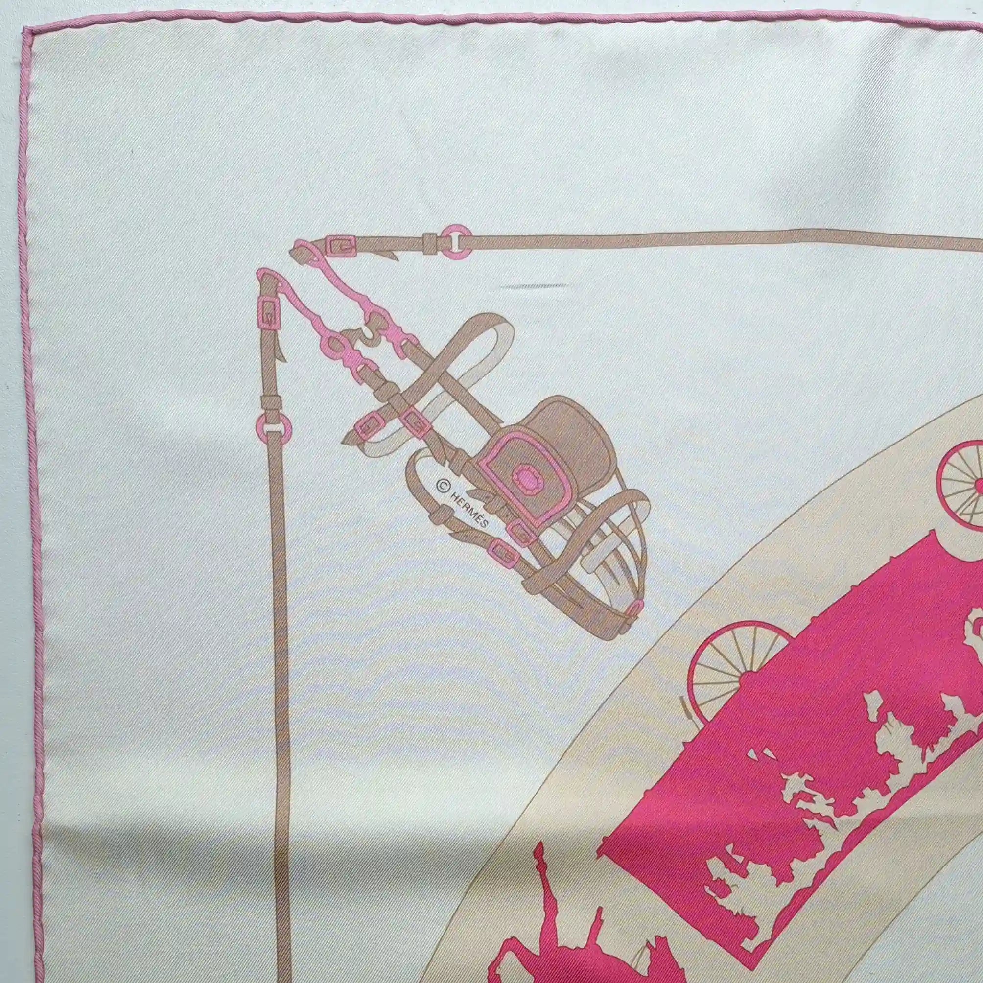 hermes paris qui roule hugo grygkar silk scarf white pink carriages paris detail