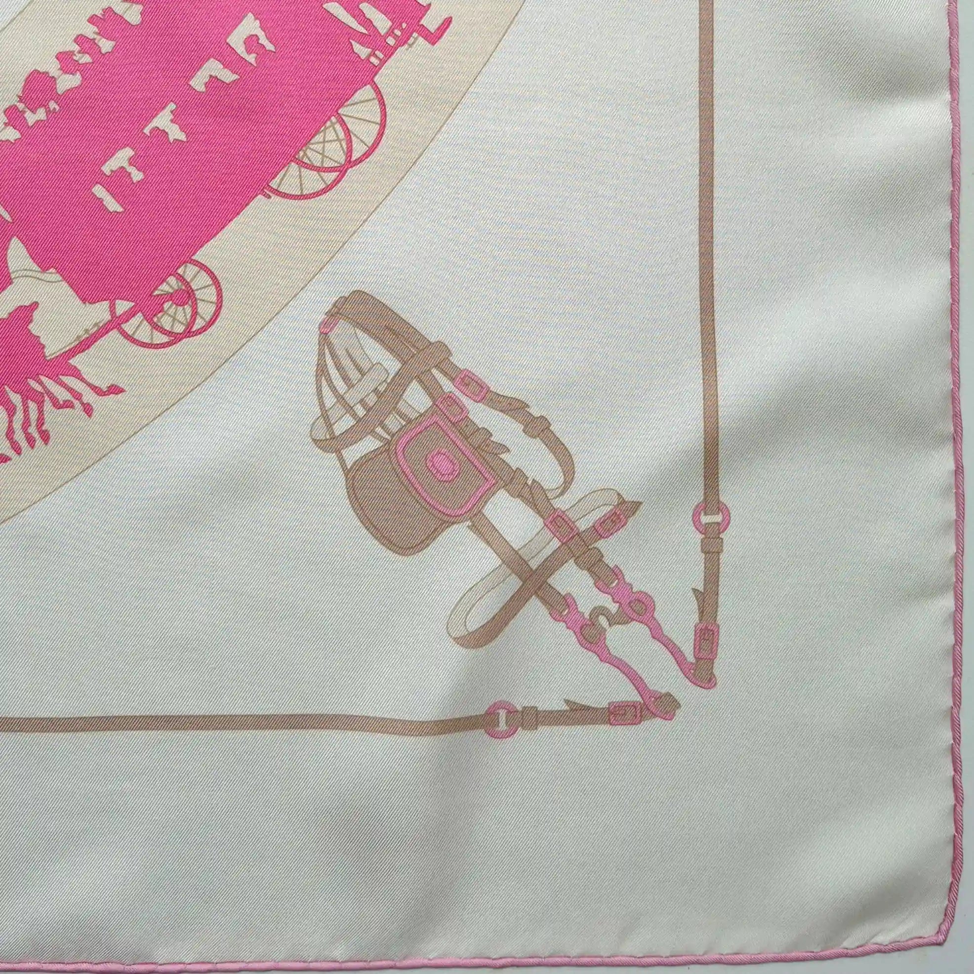 hermes paris qui roule hugo grygkar silk scarf white pink carriages paris detail