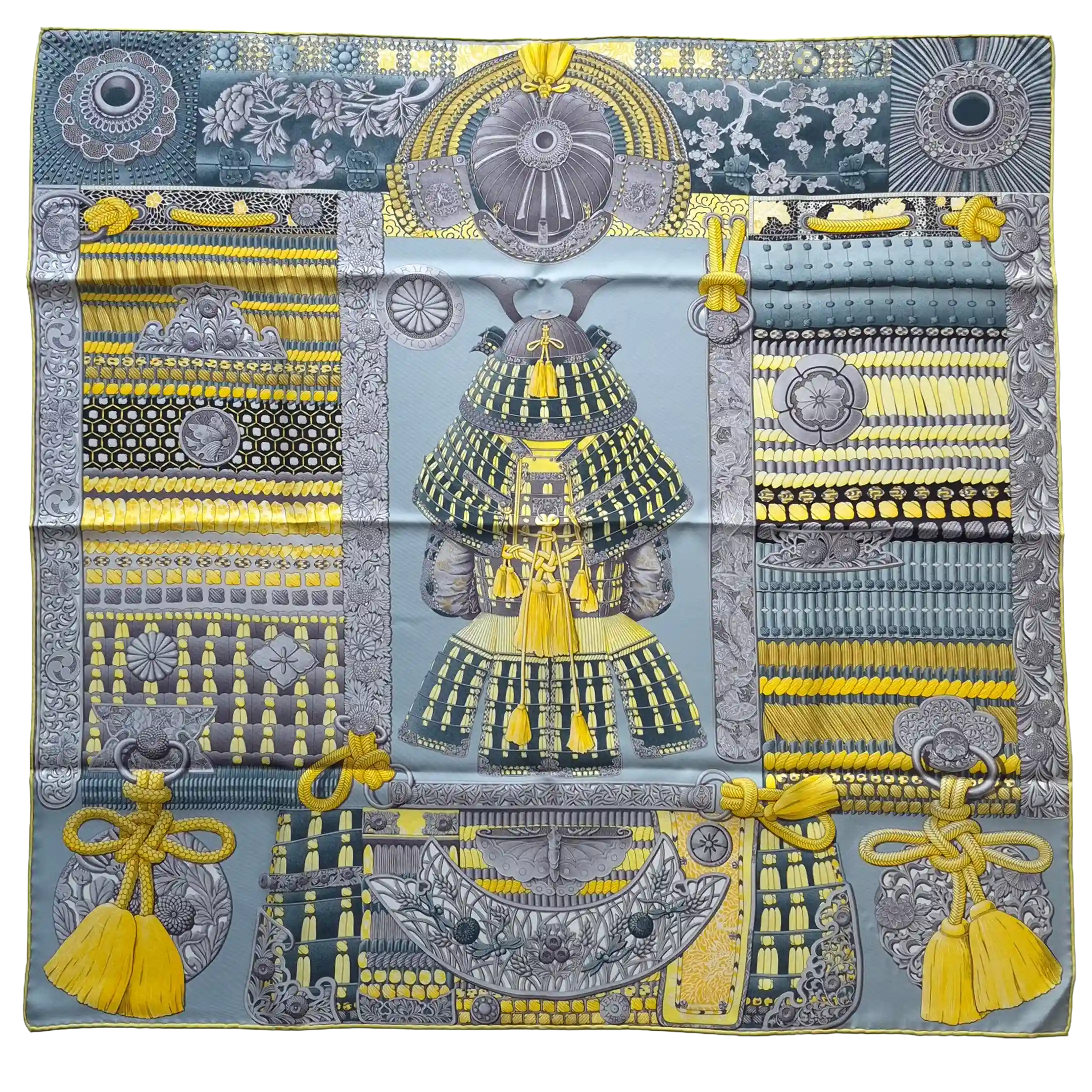 hermes parures des samourais aline honore silk scarf blue yellow japanese armor