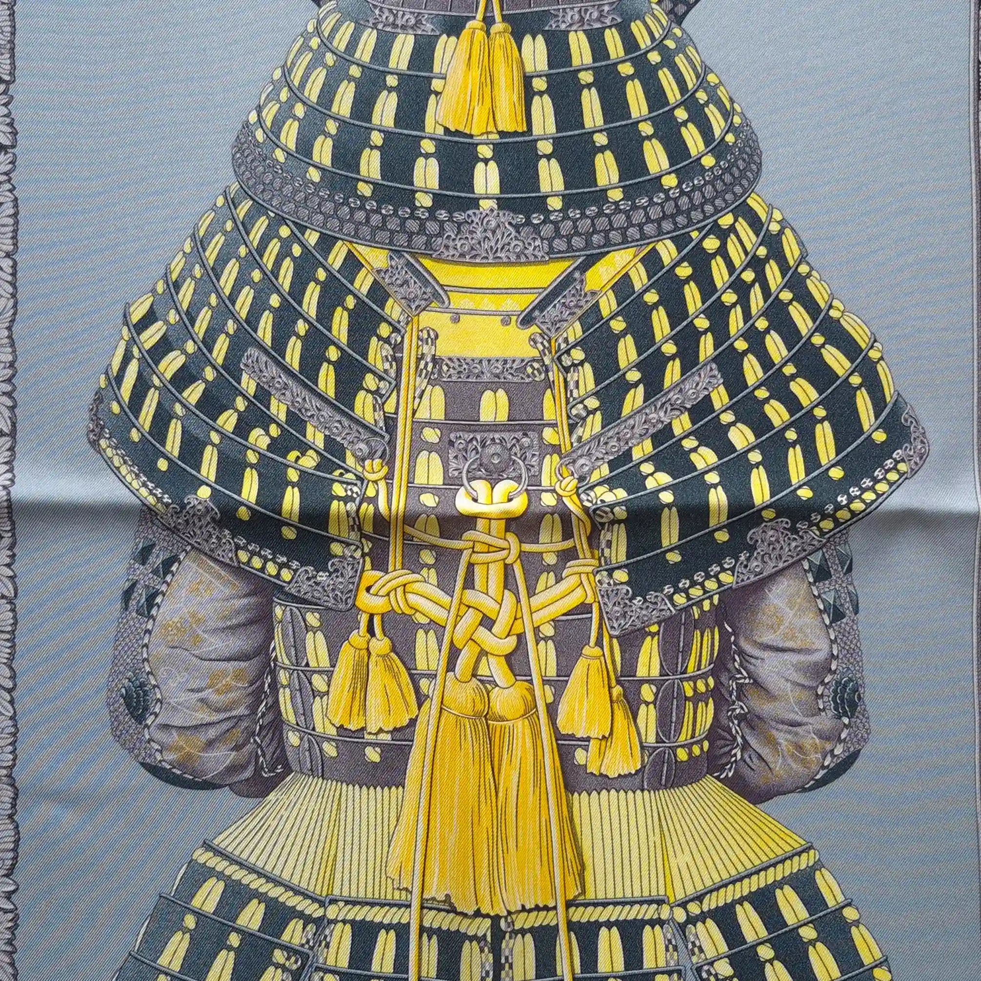 hermes parures des samourais aline honore silk scarf blue yellow japanese armor detail