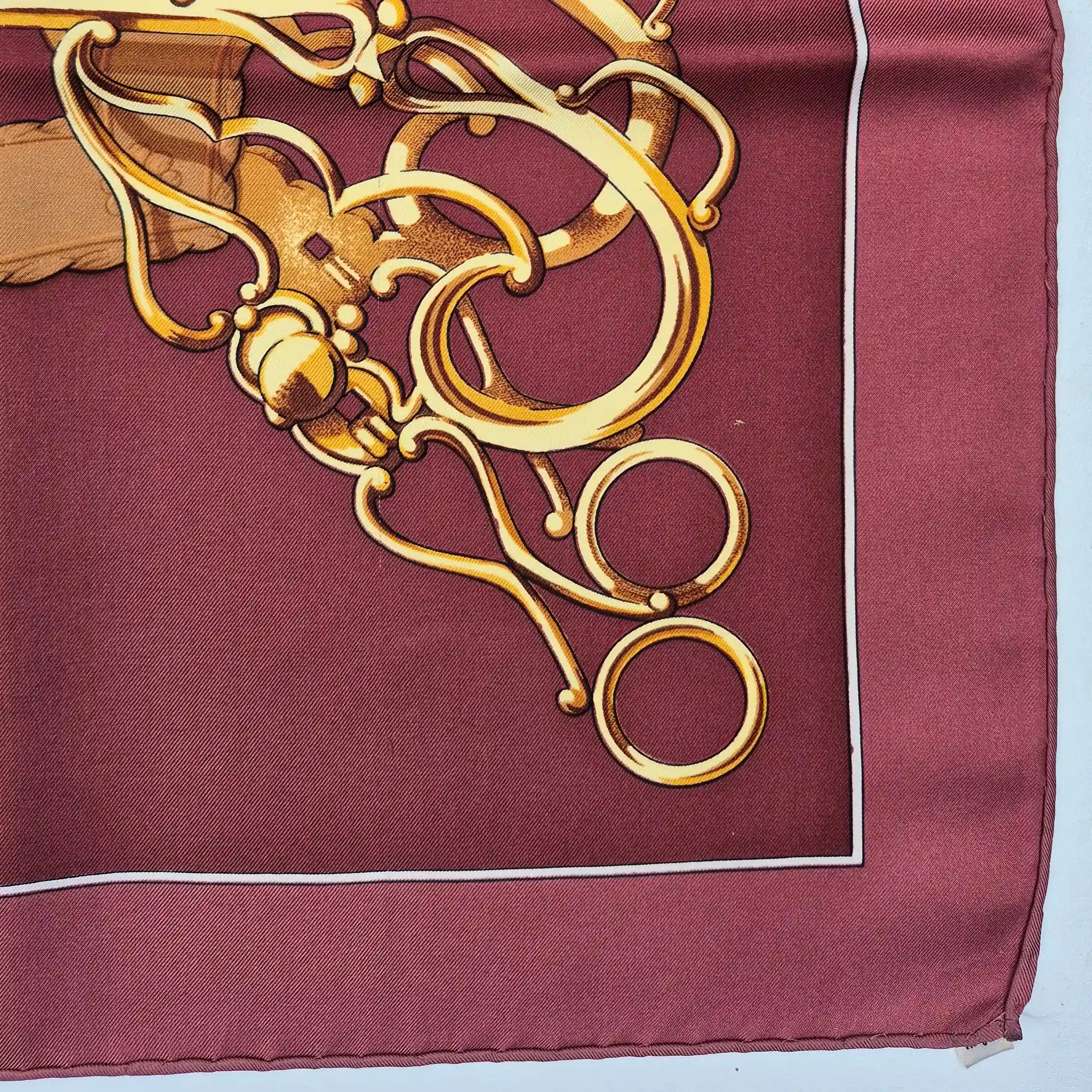 hermes profile shan merry silk scarf bordeaux gold equestrian harness 1974