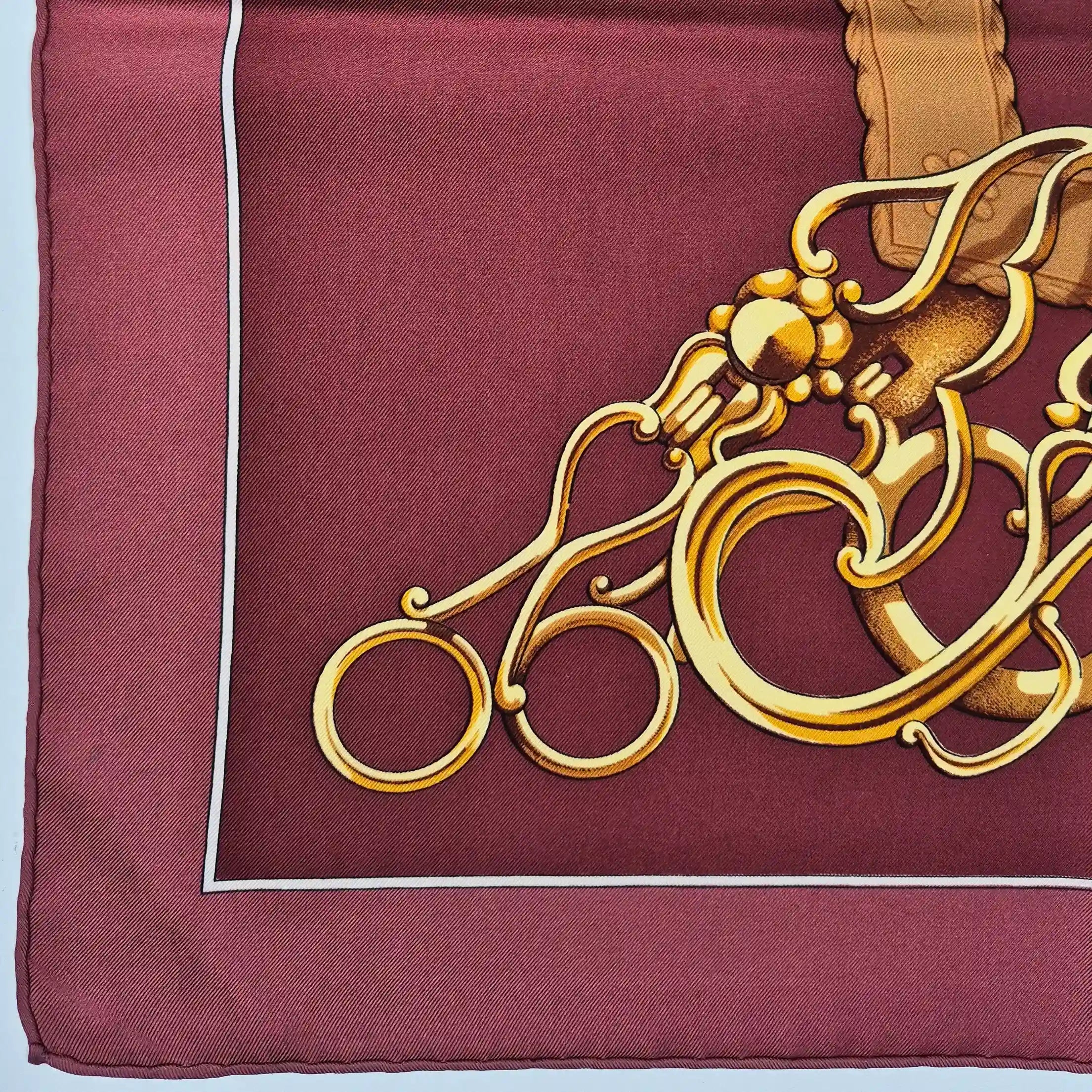 hermes profile shan merry silk scarf bordeaux gold equestrian harness 1974