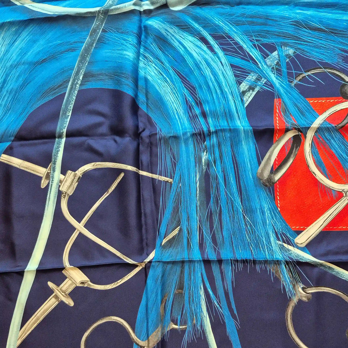 hermes projets carres henri d origny silk scarf navy red blue equestrian 3d trompe l oeil