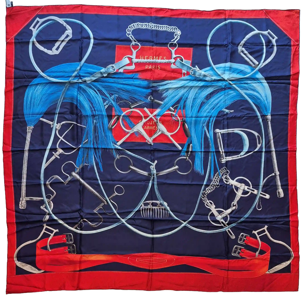 hermes projets carres henri d origny silk scarf navy red blue equestrian 3d trompe l oeil